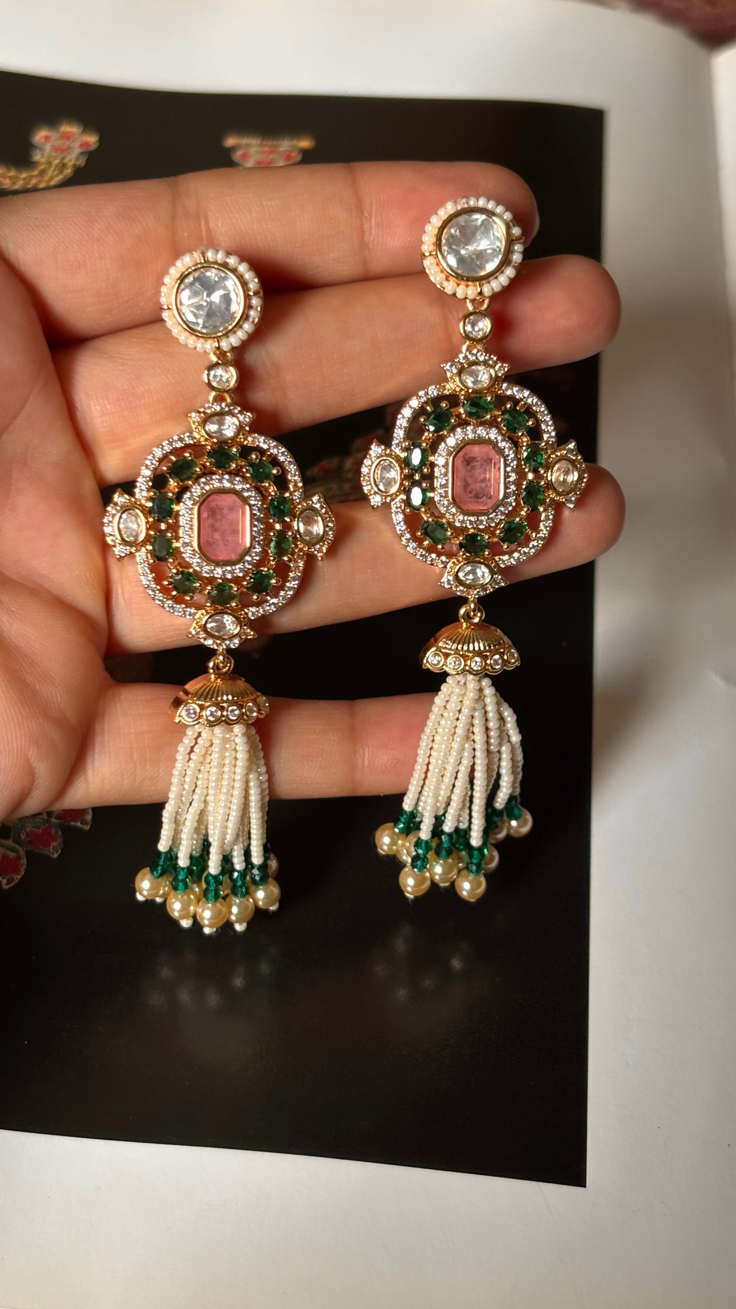 Emerald doublets & rose quartz with pearl detailing jhalar Earrings