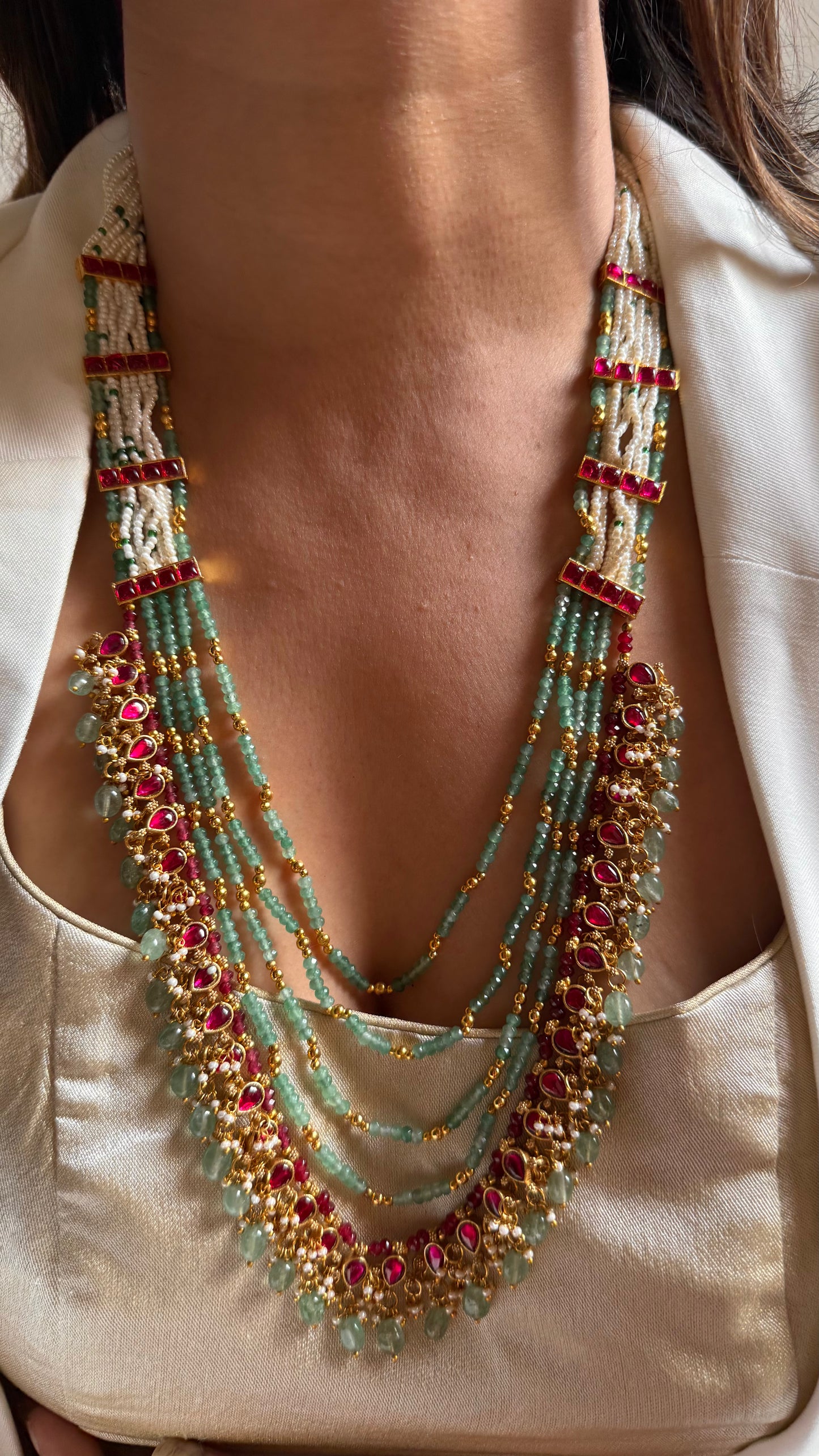 Rani pink & mint layered with mint drop rajwada long set