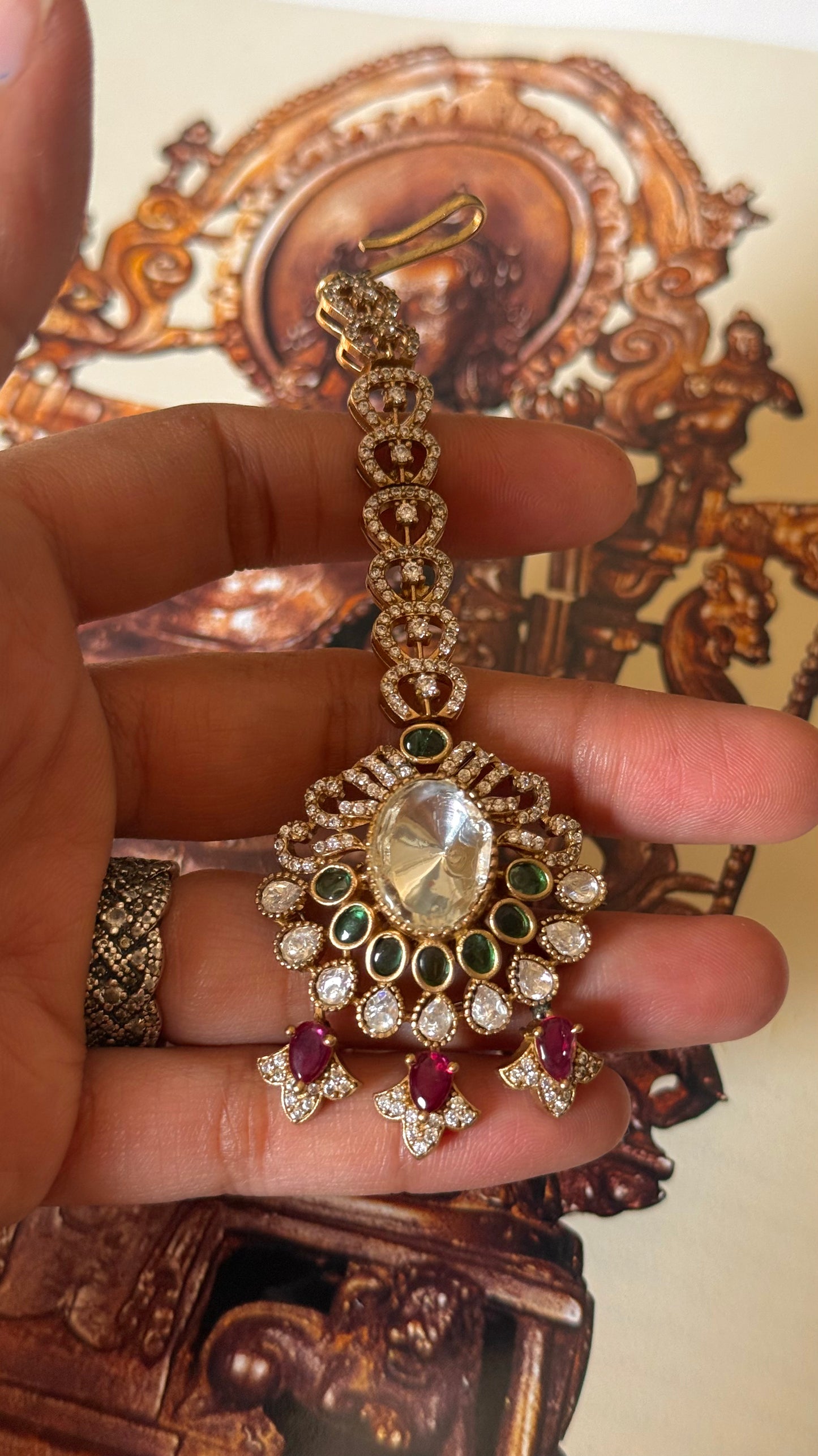 Emerald uncut polki maangtika with ruby drops