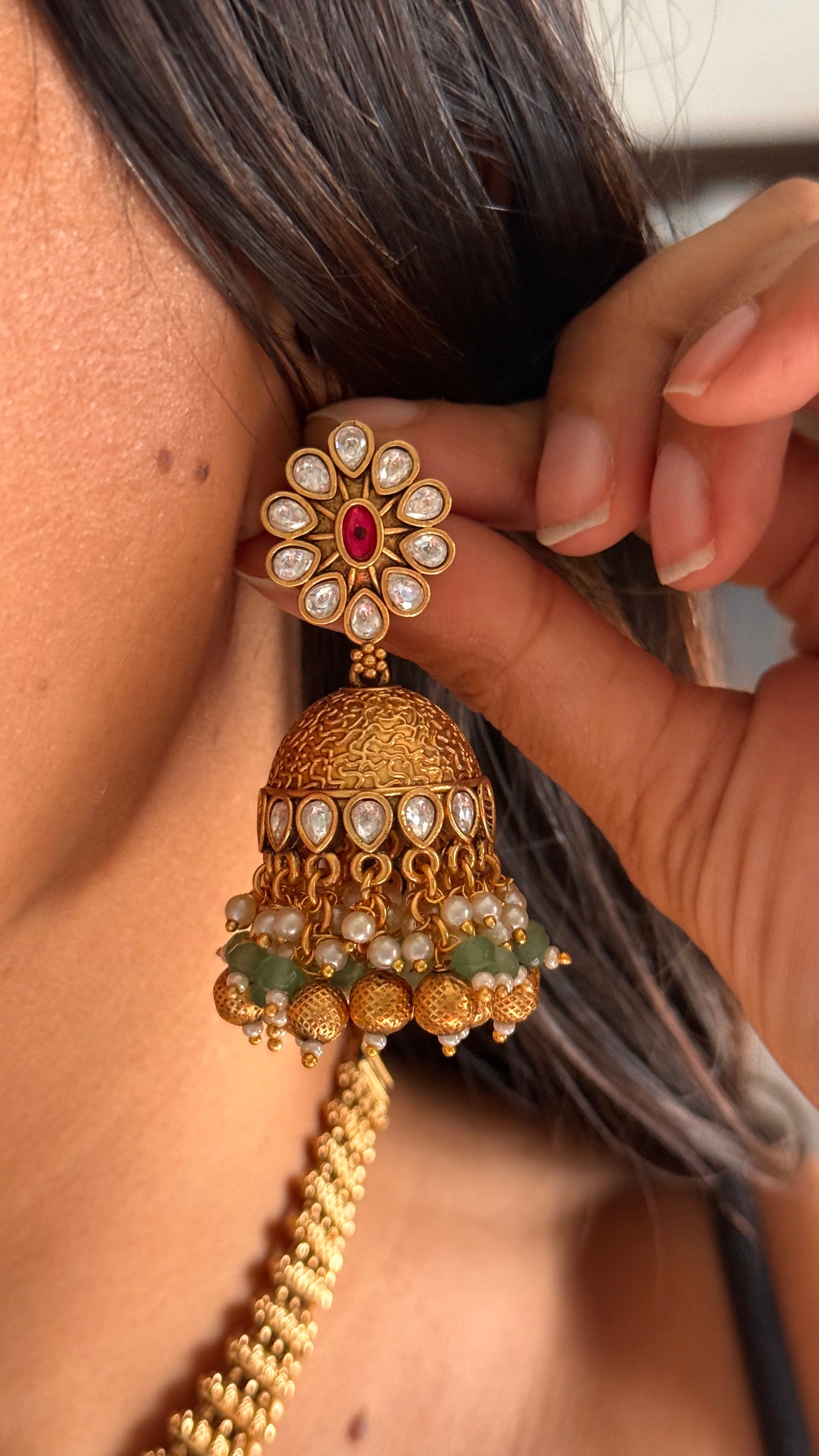 Rose quarts rajwadi necklace with jhumki