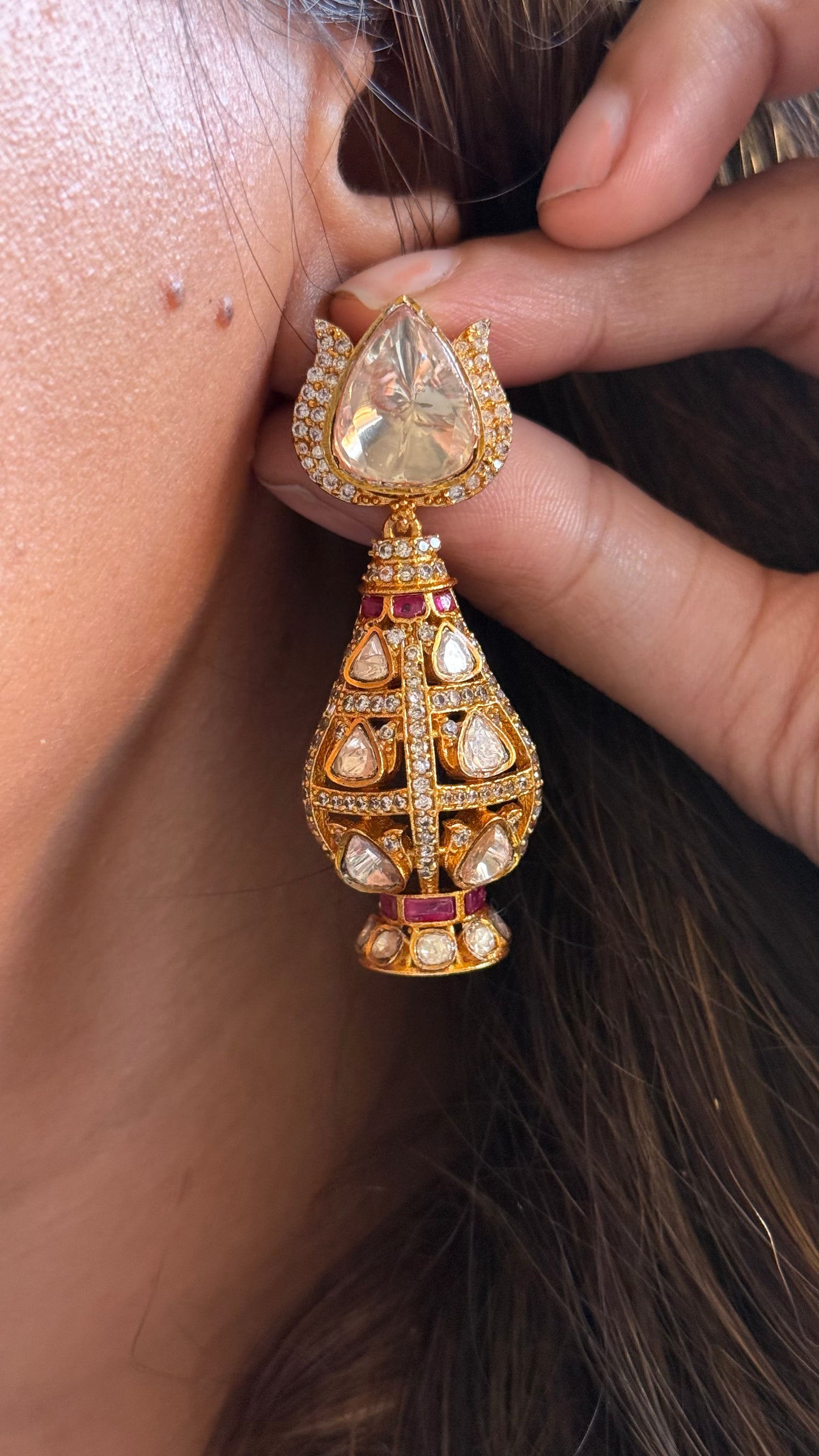 Lotus inspired, real diamond polki kalash Danglers with Ruby destailing