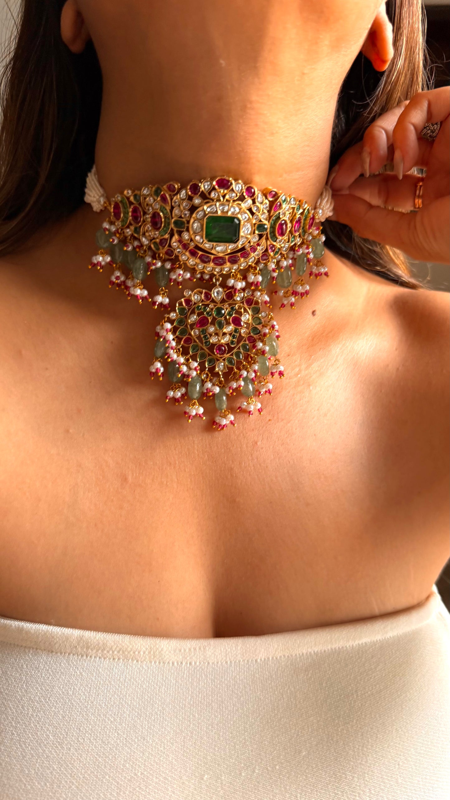 Rukmani Emerald doublet & rani pink Moissanite with mint drop rajwada choker