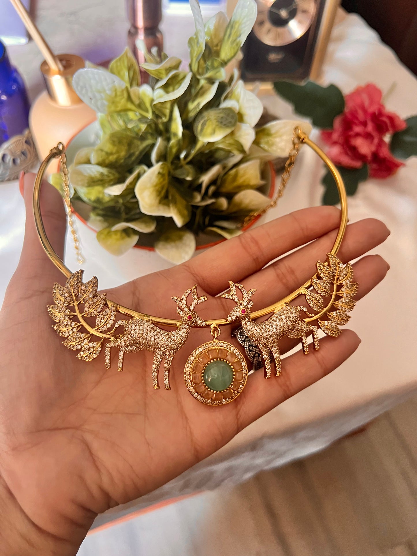 Harini Mint rose quartz Hiran Hasli with earrings