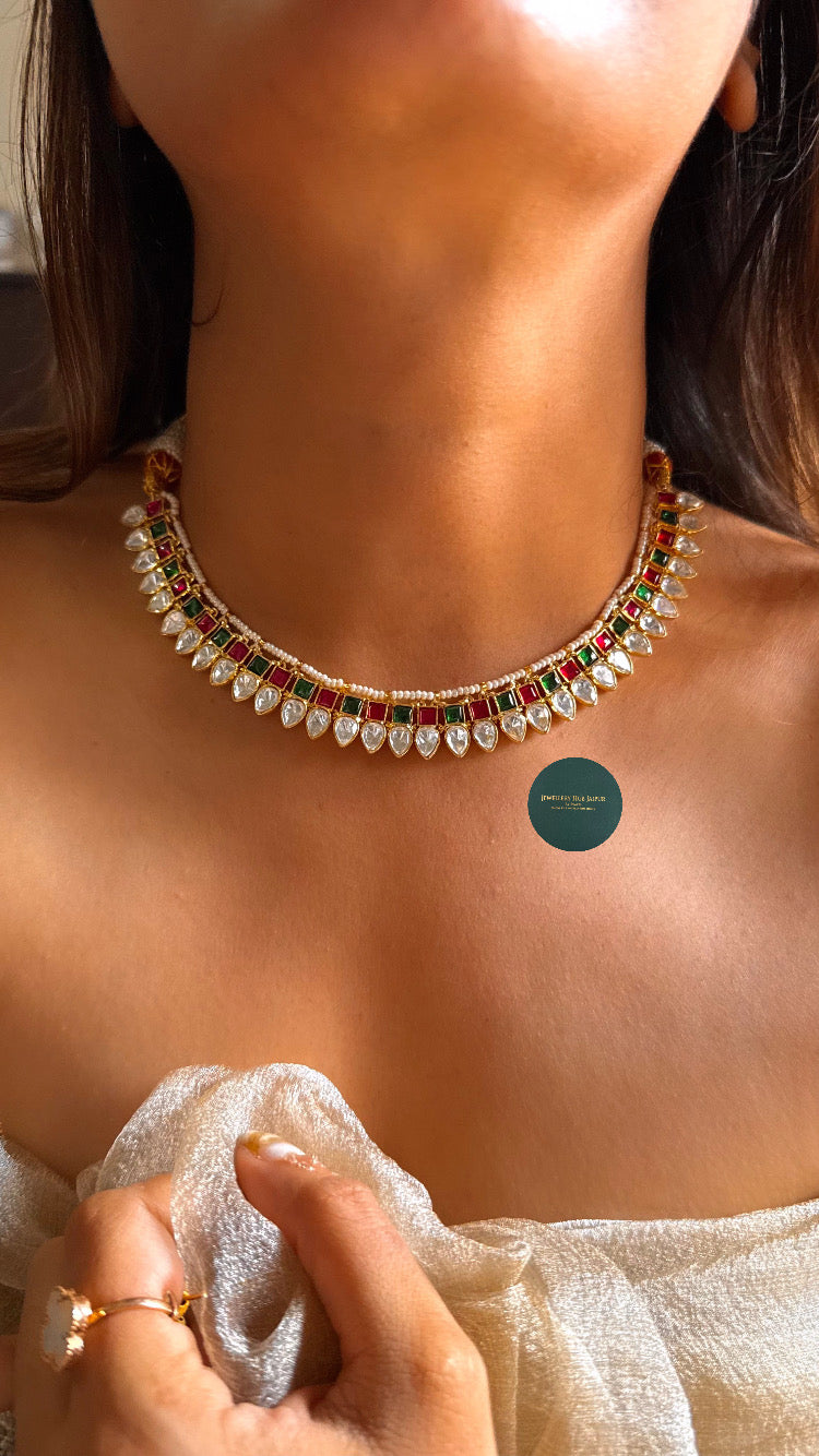 Minimalist real moissanite emerald & ruby collar necklace