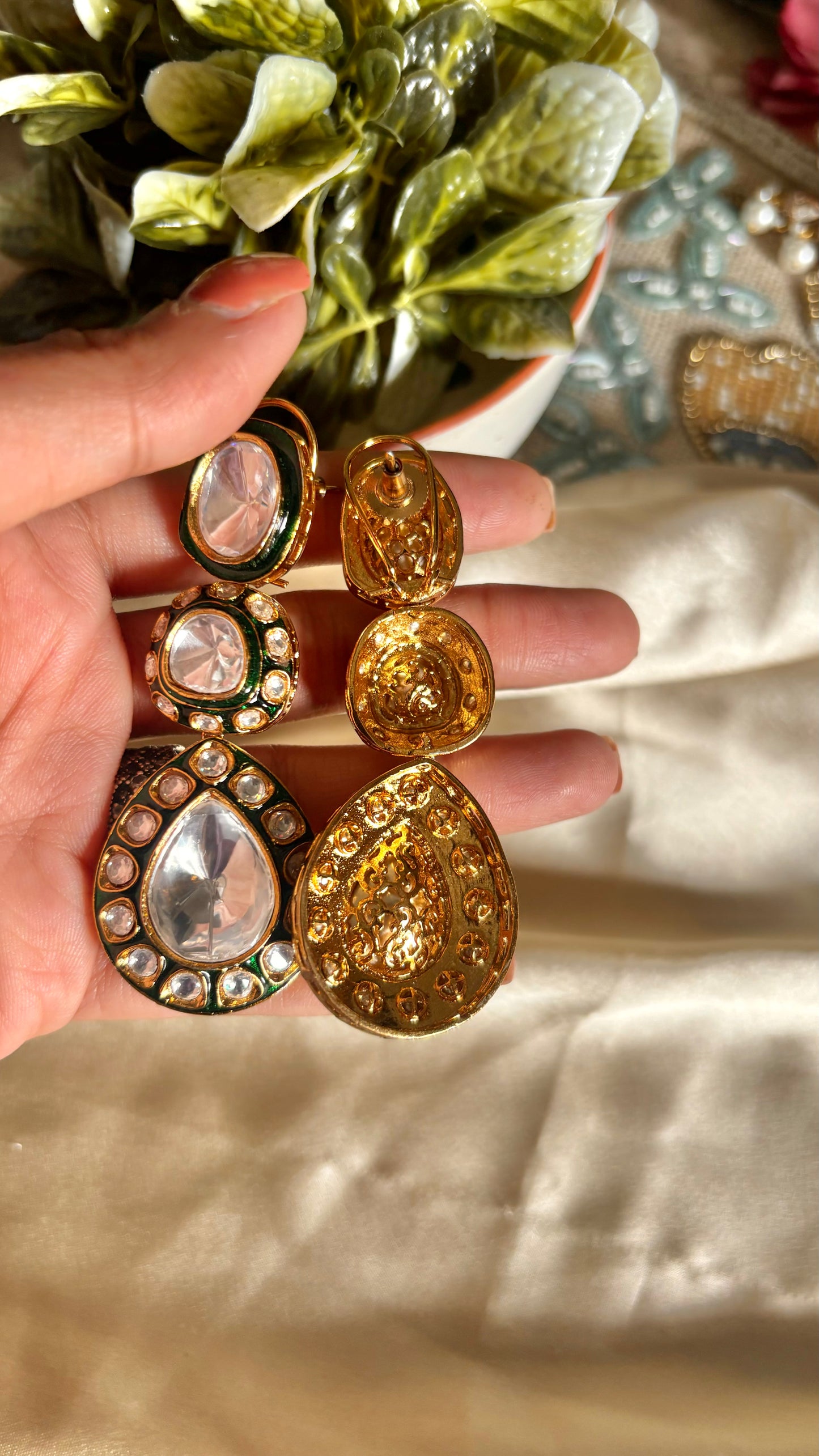 Emerald meenakari uncut polki danglers
