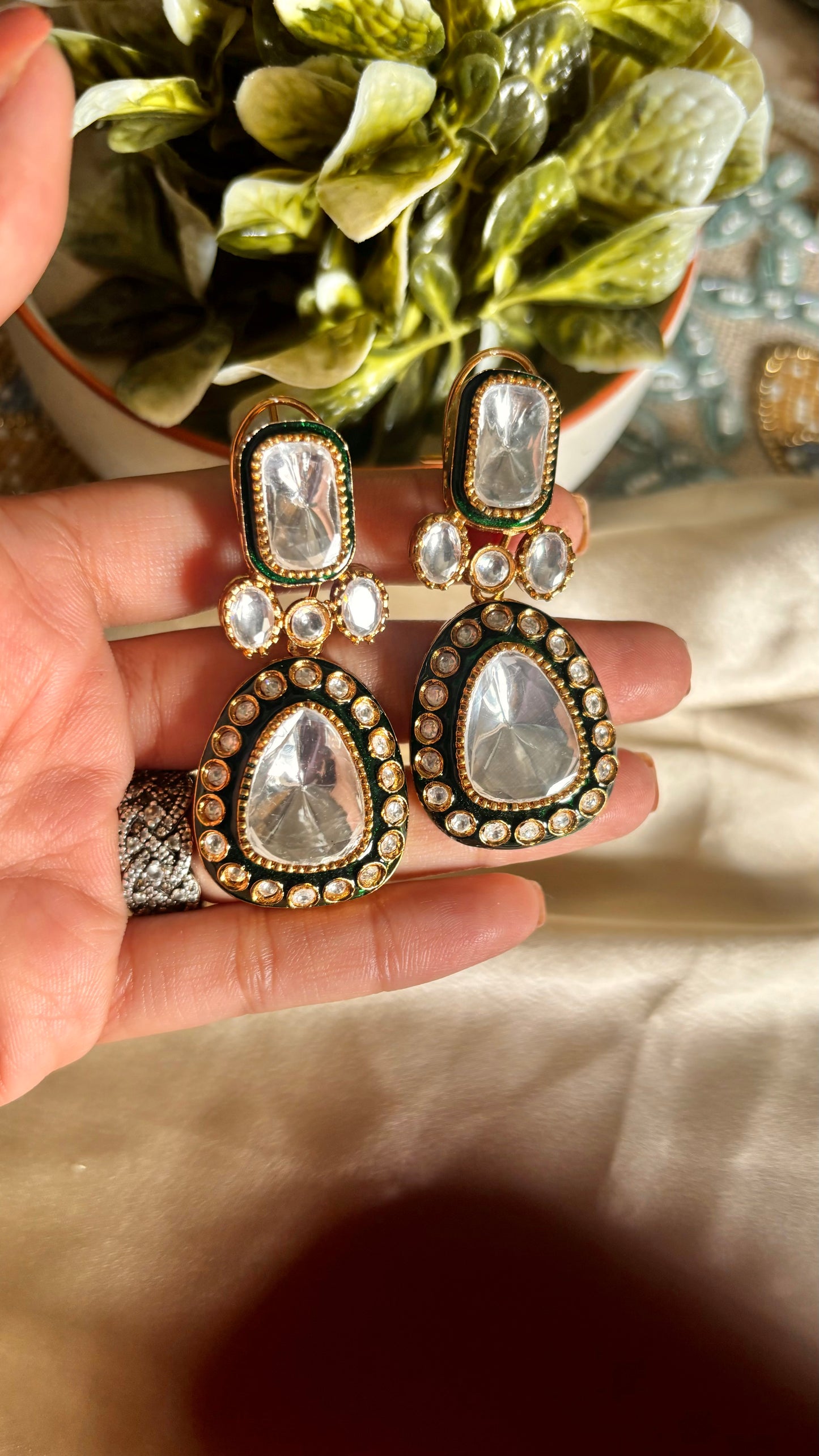 Emerald polki danglers with back clip