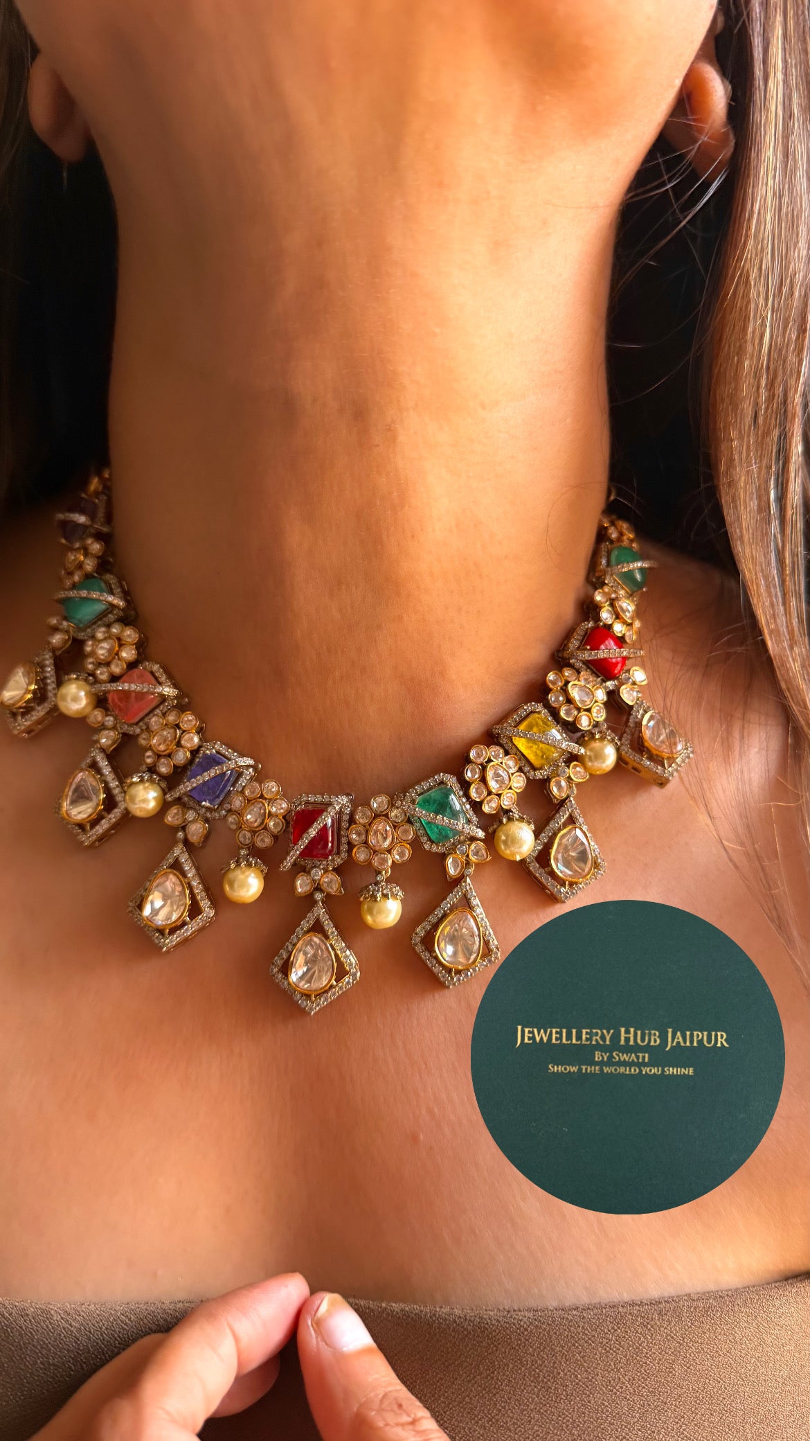 Navratna doublet moissanite polki collar set
