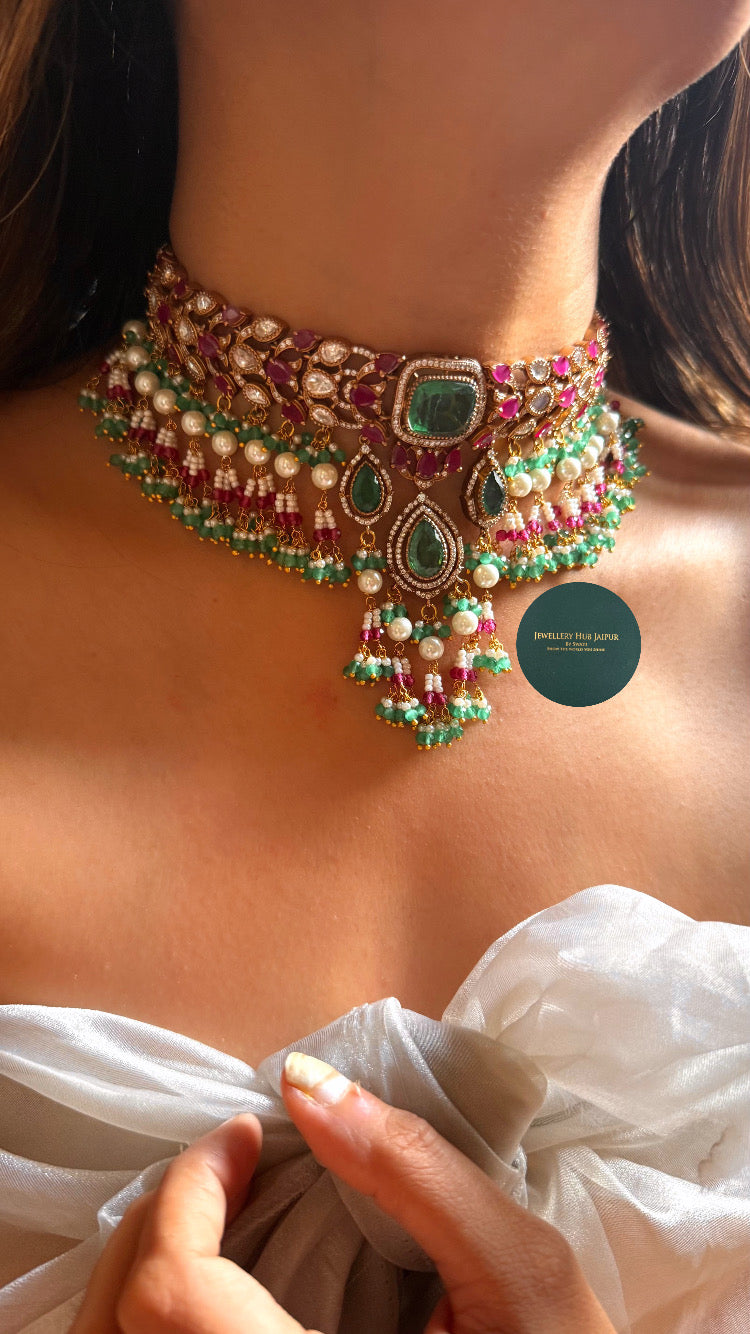 Mint doublet & rani pink Moissanite uncut polki choker set