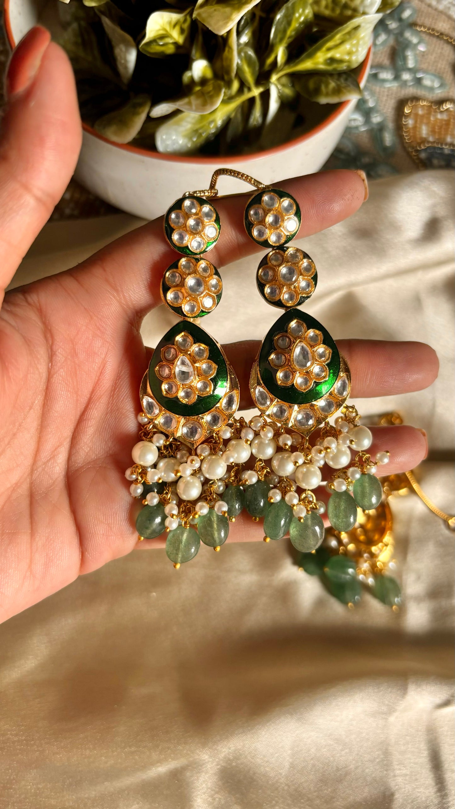 Emerald gold meenakari earrings
