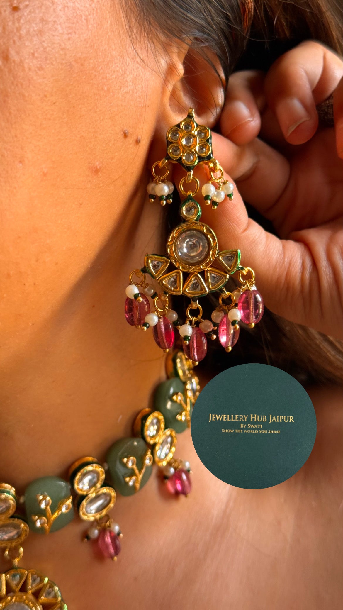 Mint inlay work & emerald meenakari paachi with rani pink drops choker set