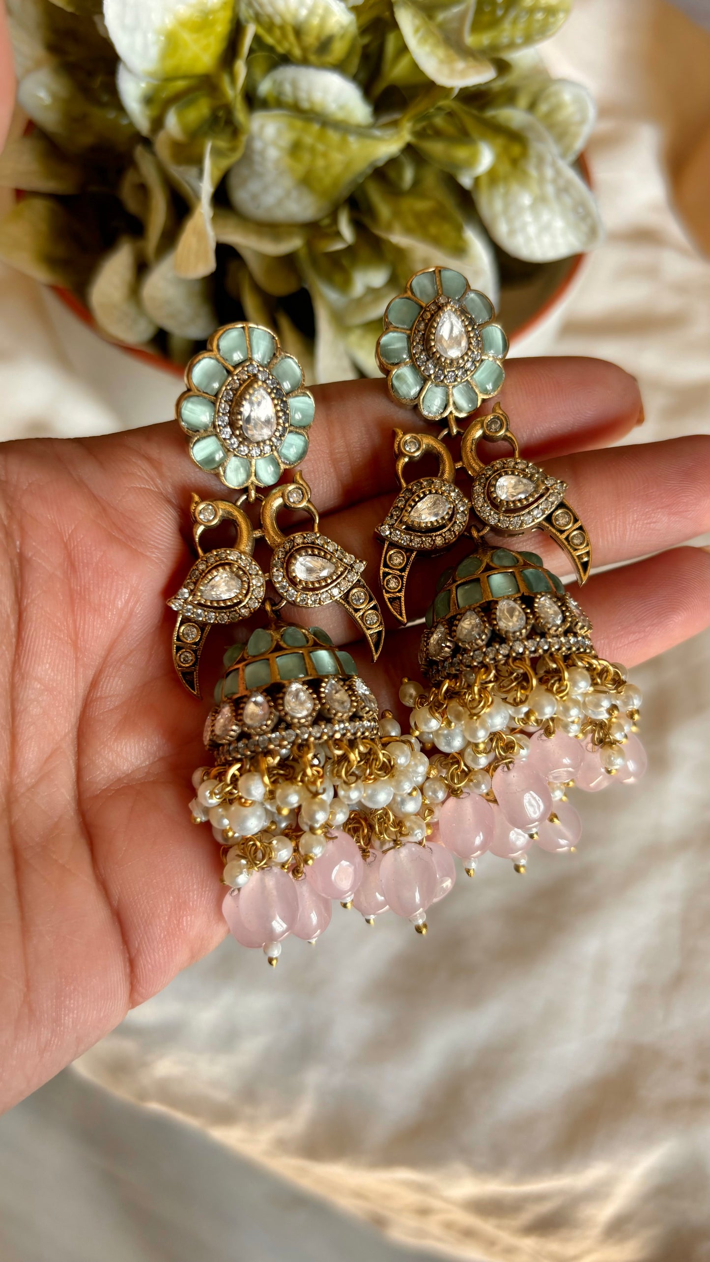 Daaniya Mint & Rose quartz jhumkis