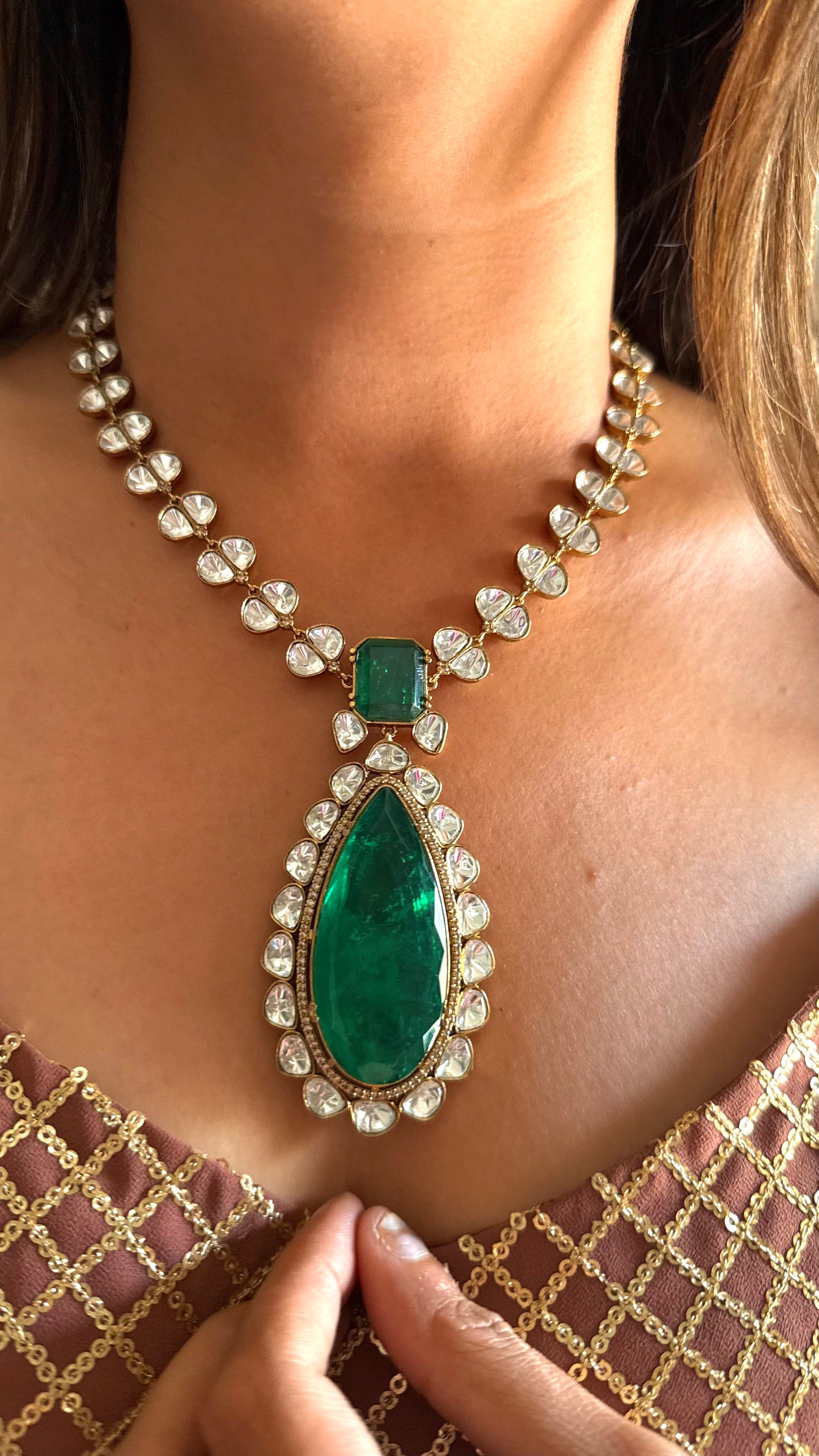 Kishori Emerald doublet dual layer Moissanite necklace