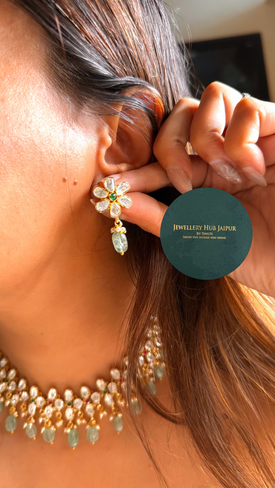 Real Moissanite Rani pink & emerald Moissanite polki floral set