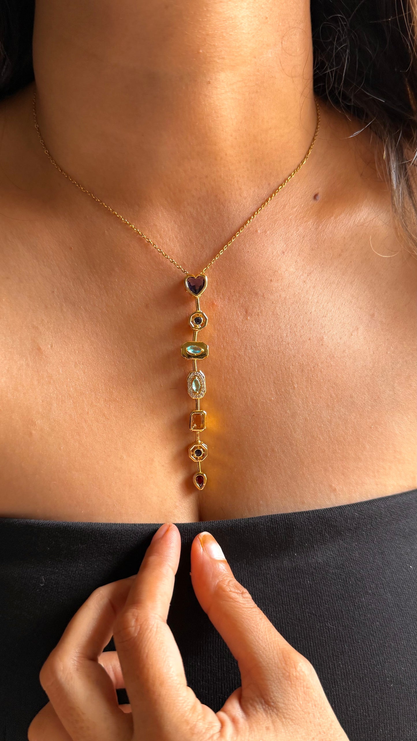 Vertical Multi-Shaped Gemstone Drop Necklace
