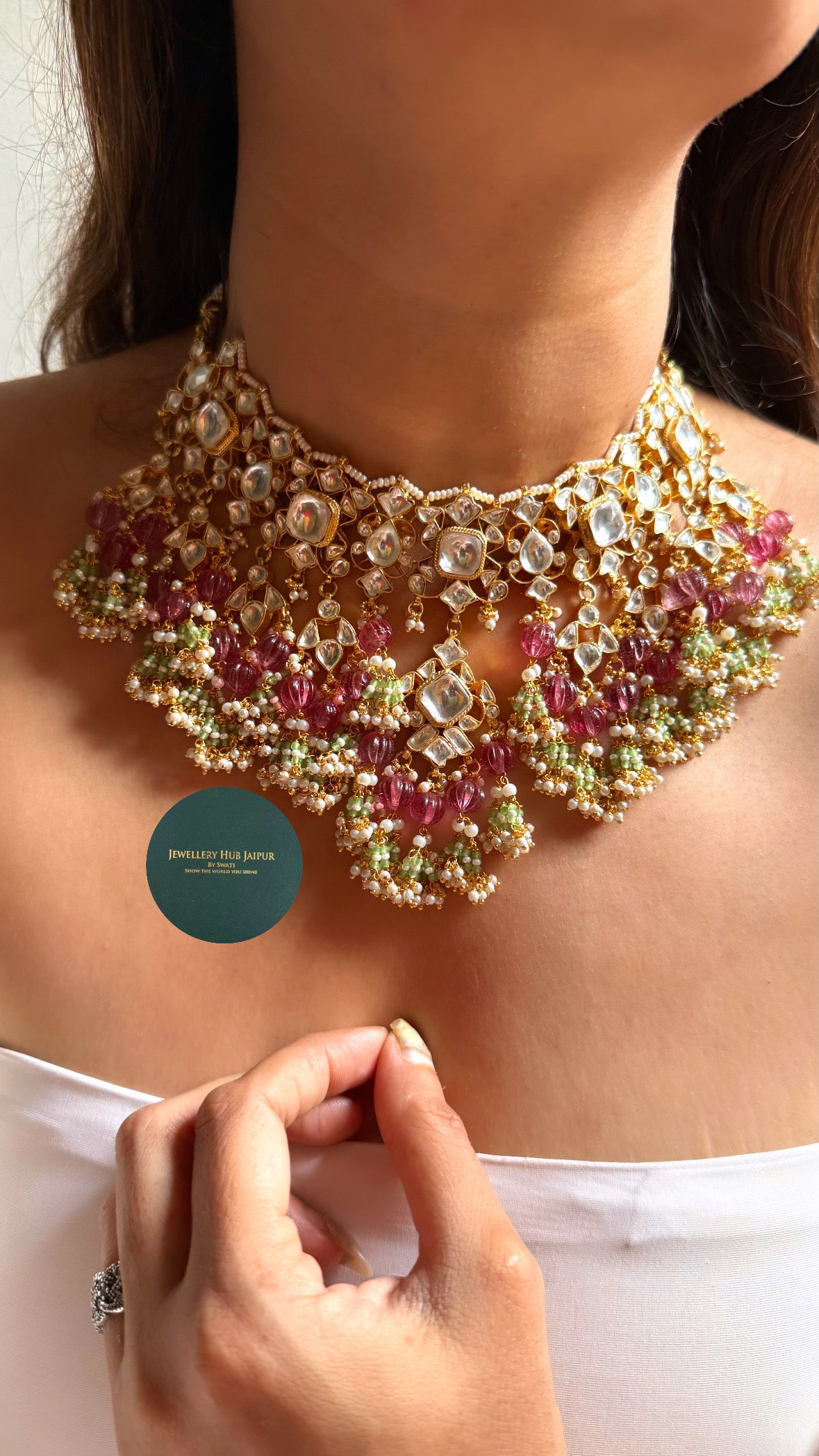 Paachi Heritage Rani pink & mint drops Kundan bridal set