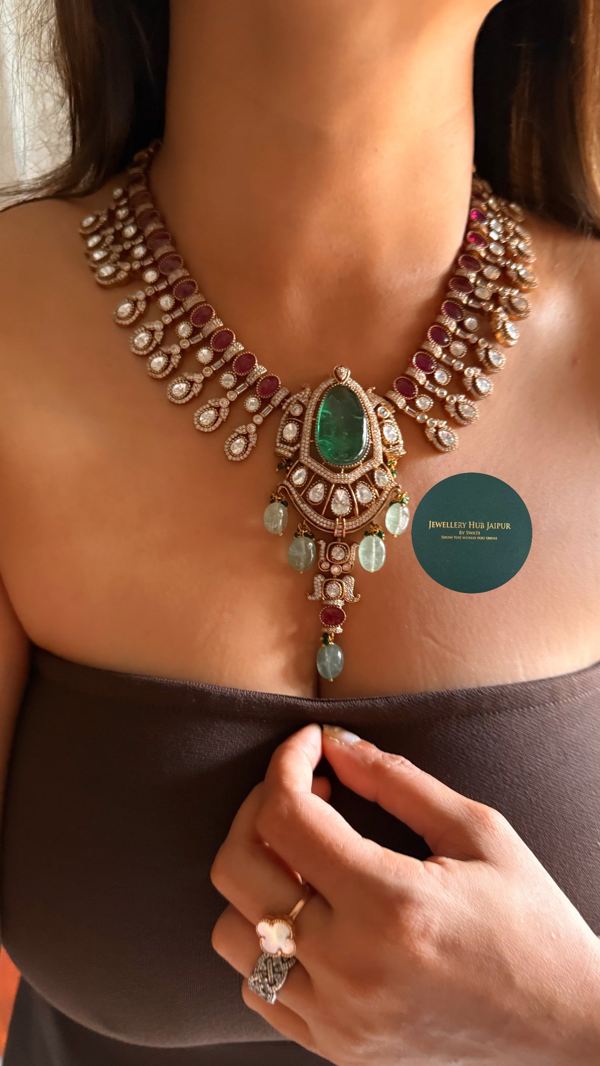 Emerald doublet & rani pink moissanite uncut polki with mint drop collar set