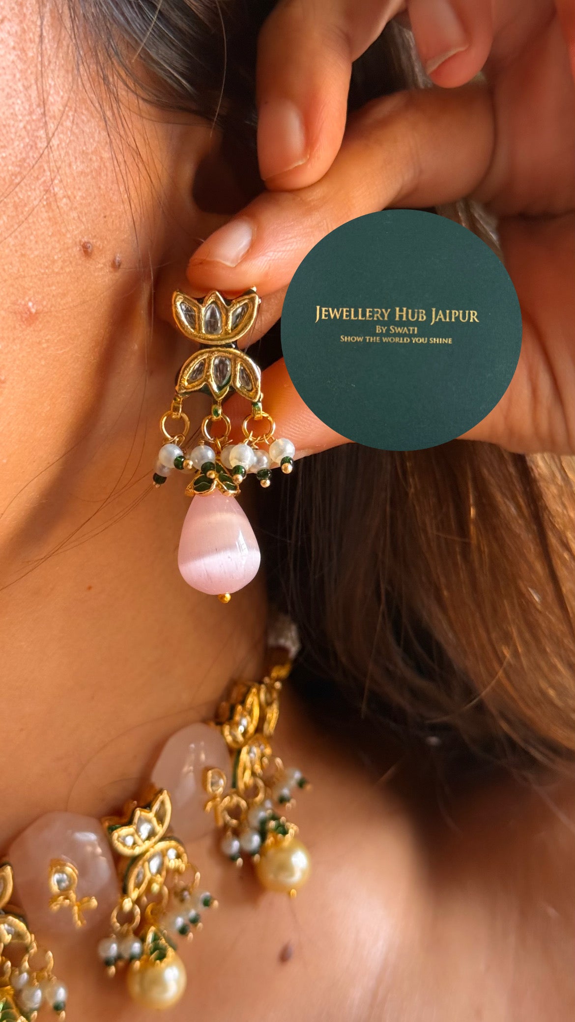 Emerald & rose quartz inlay & emerald meenakari paachi choker set