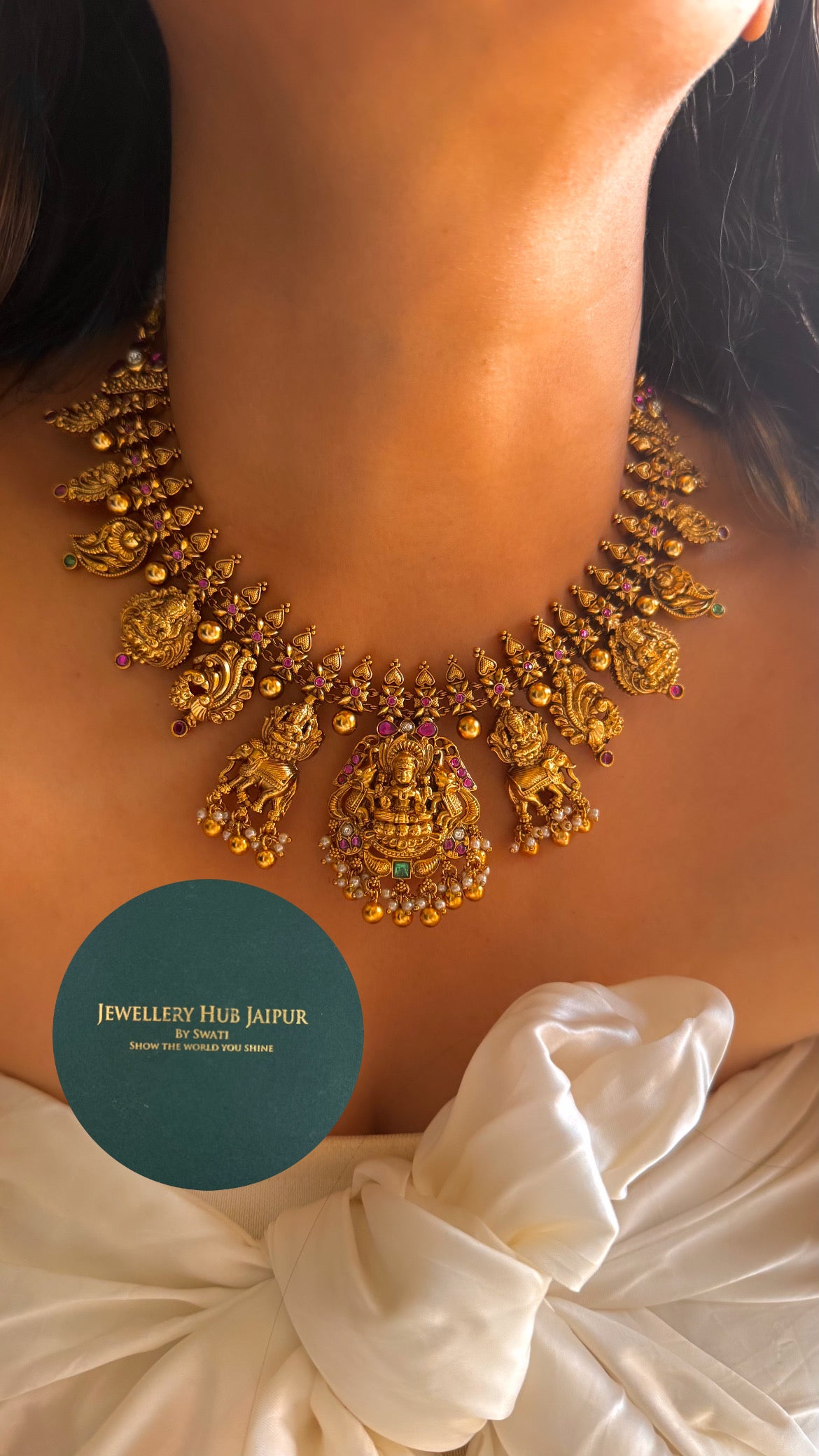 Goddess laxmi emerald & rani pink with peacock & elephant designed temple collar set