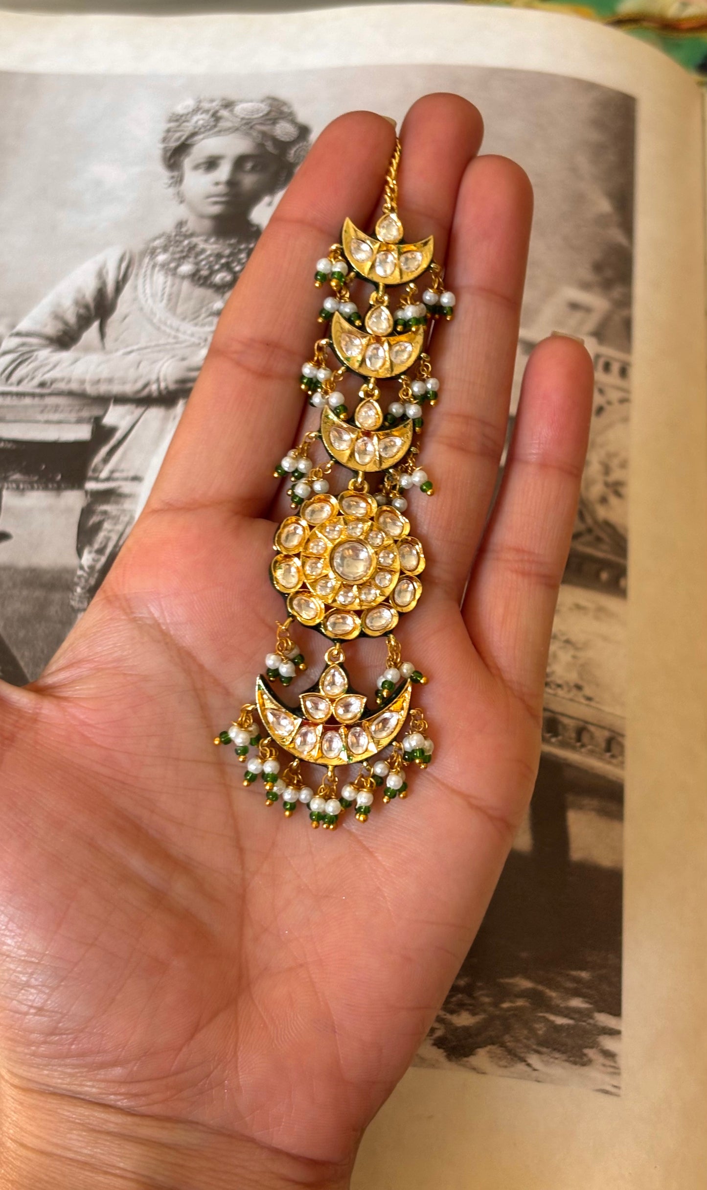 Emerald meenakari polki chandbali maangtika