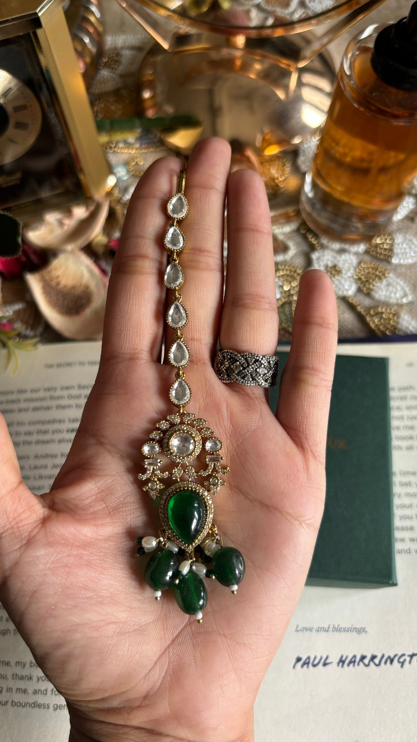 Invert drop emerald polki maangtika
