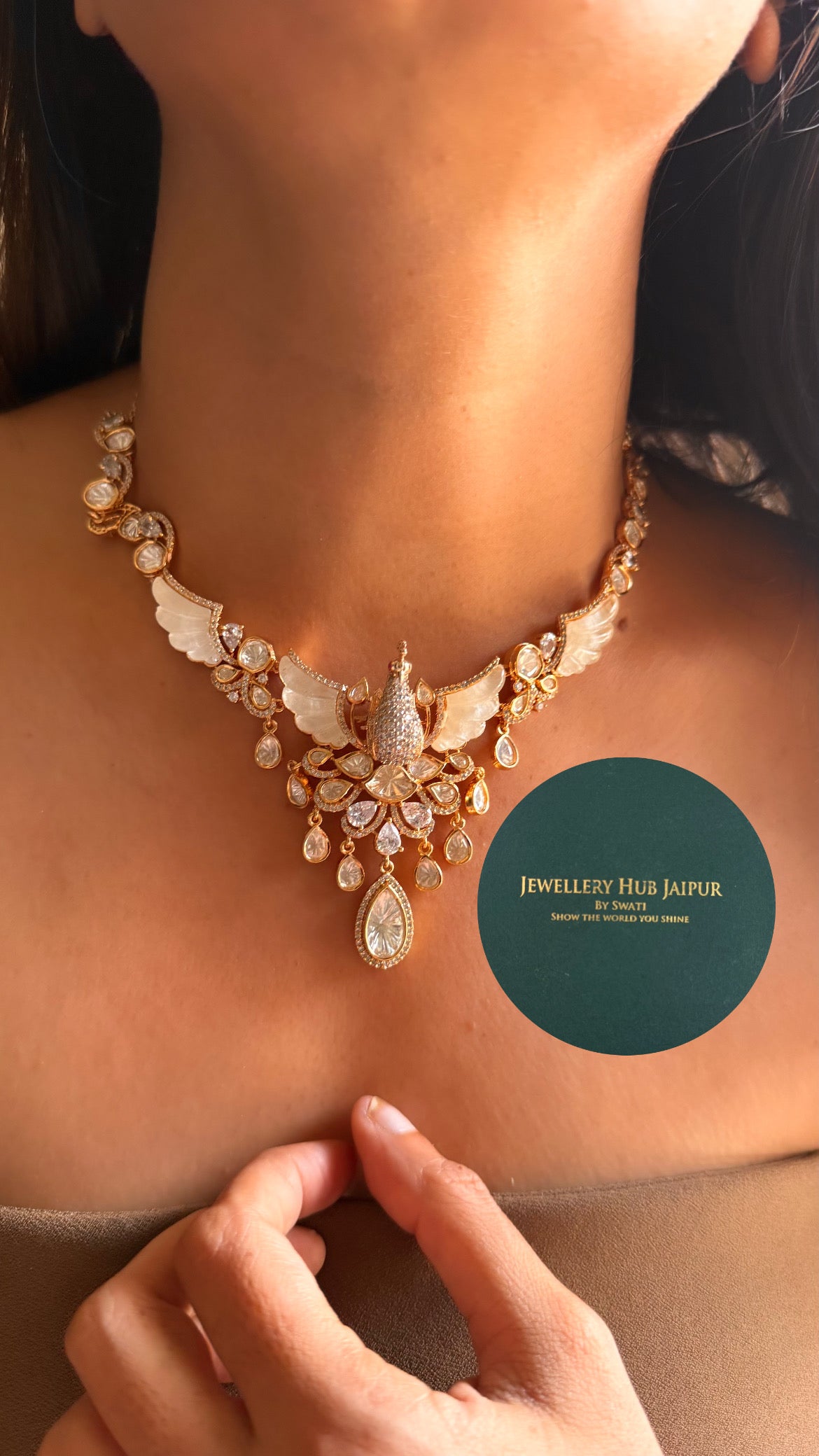 Moissanite peacock shaped design with feather design polki collar set