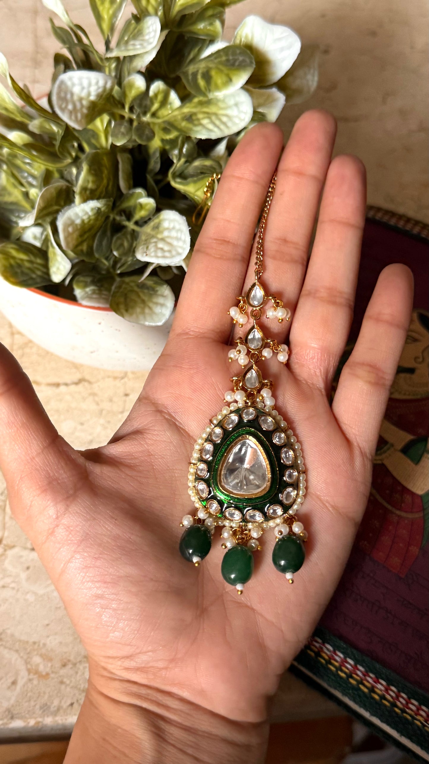 Emerald meenakari polki maangtika
