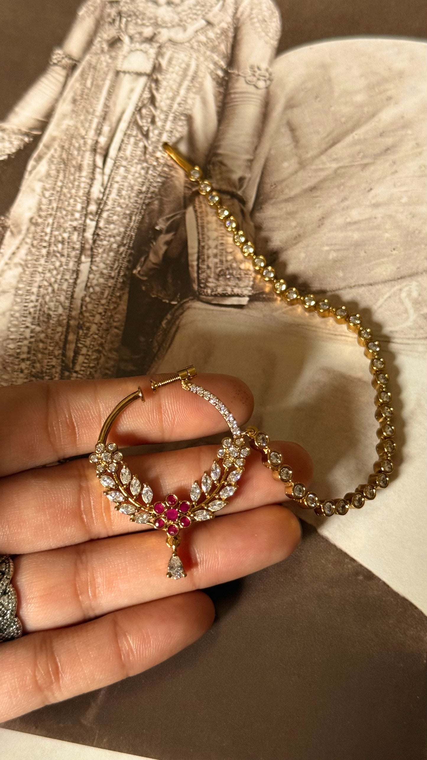 Rani pink floral diamond nath