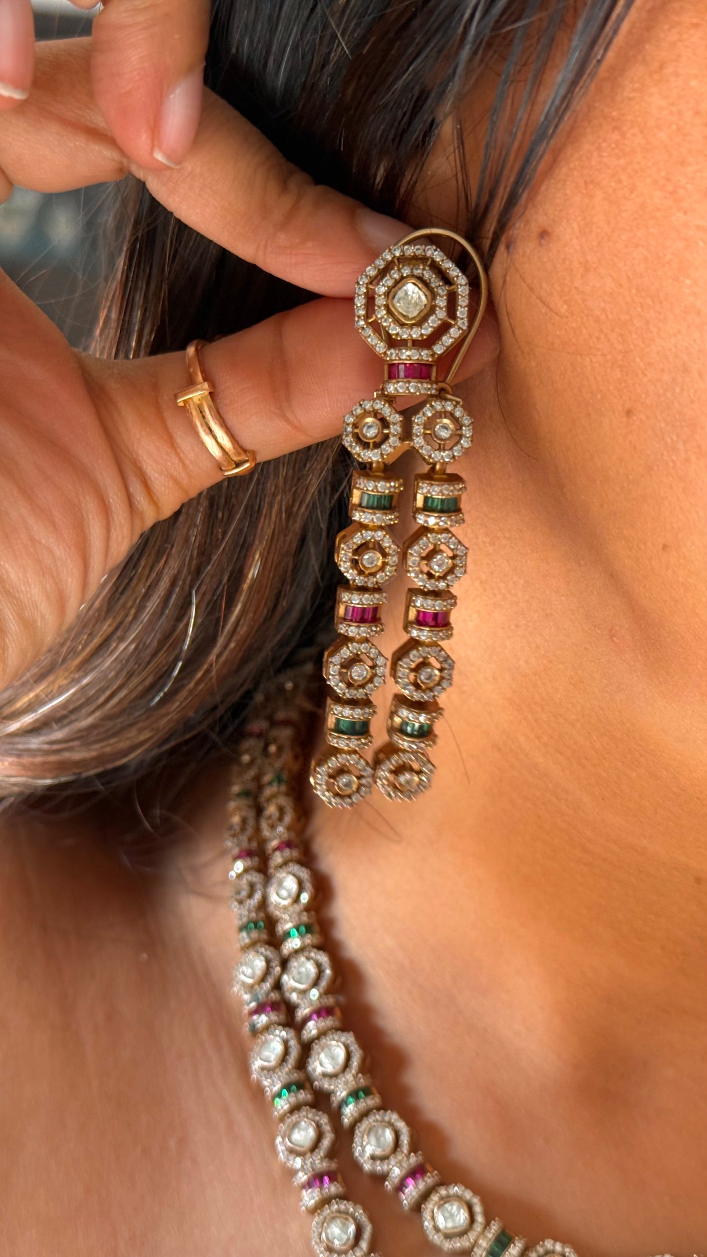 Ruby & Emerald takkar work dual line moissanite necklace