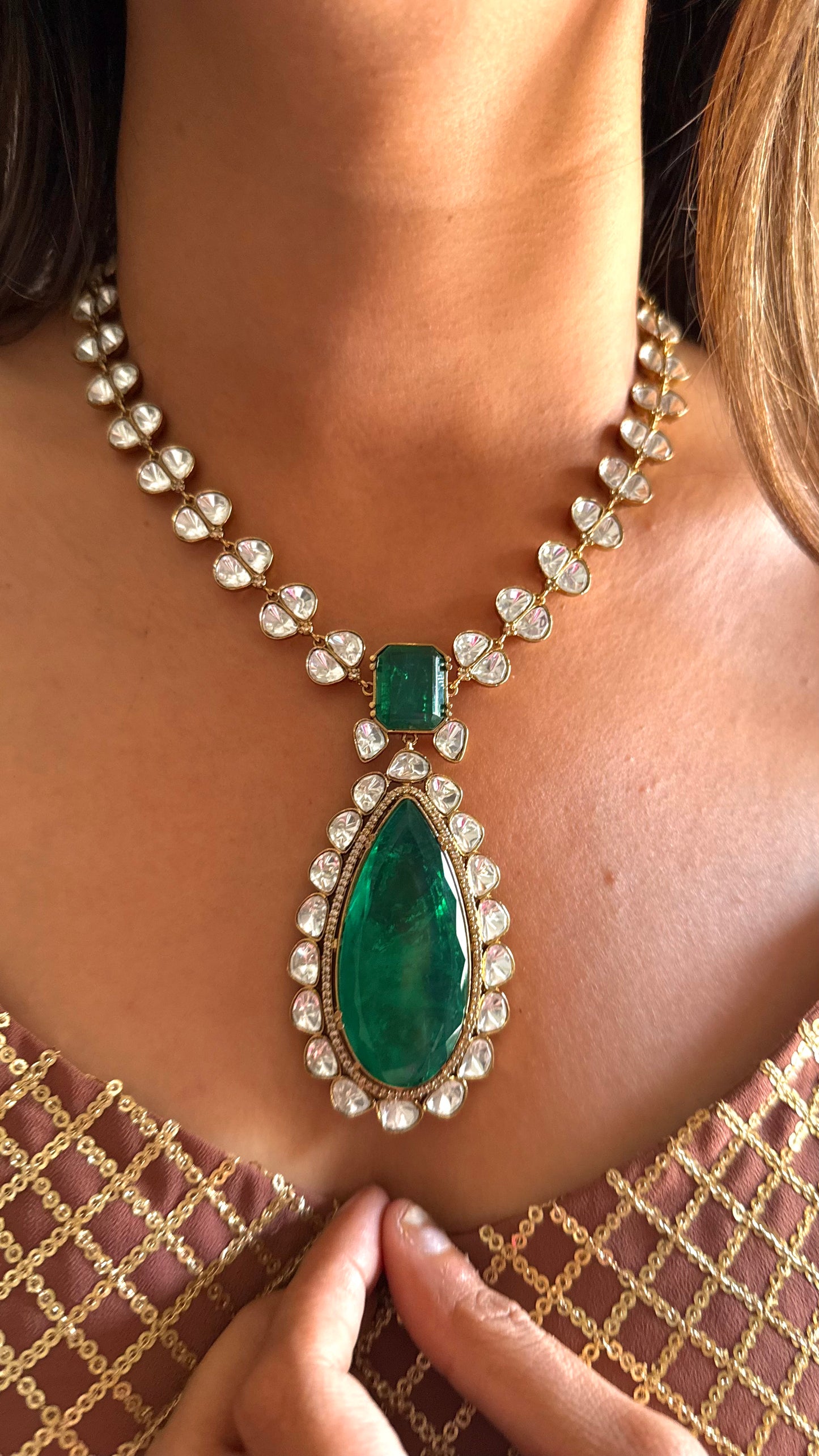 Kishori Emerald doublet dual layer Moissanite necklace