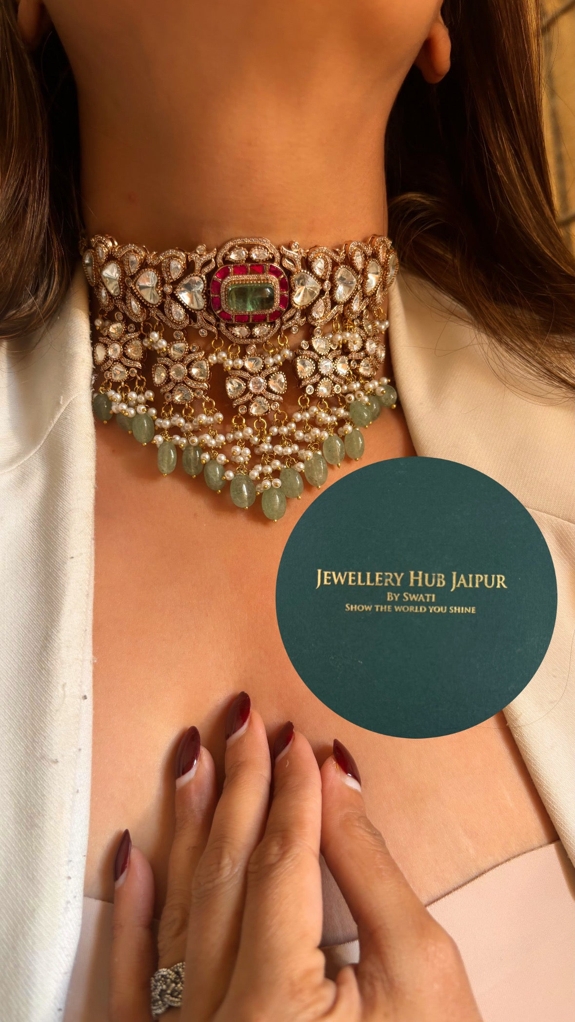 Tahira Moissanite paana ruby jhalar choker
