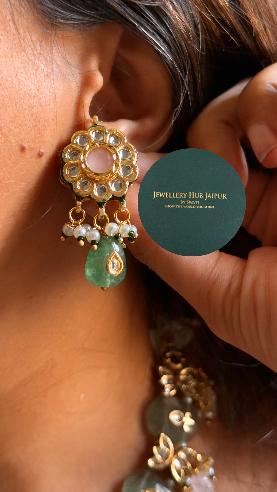 Mint inlay work with rose quartz & emerald drops & emerald meenakari paachi collar set
