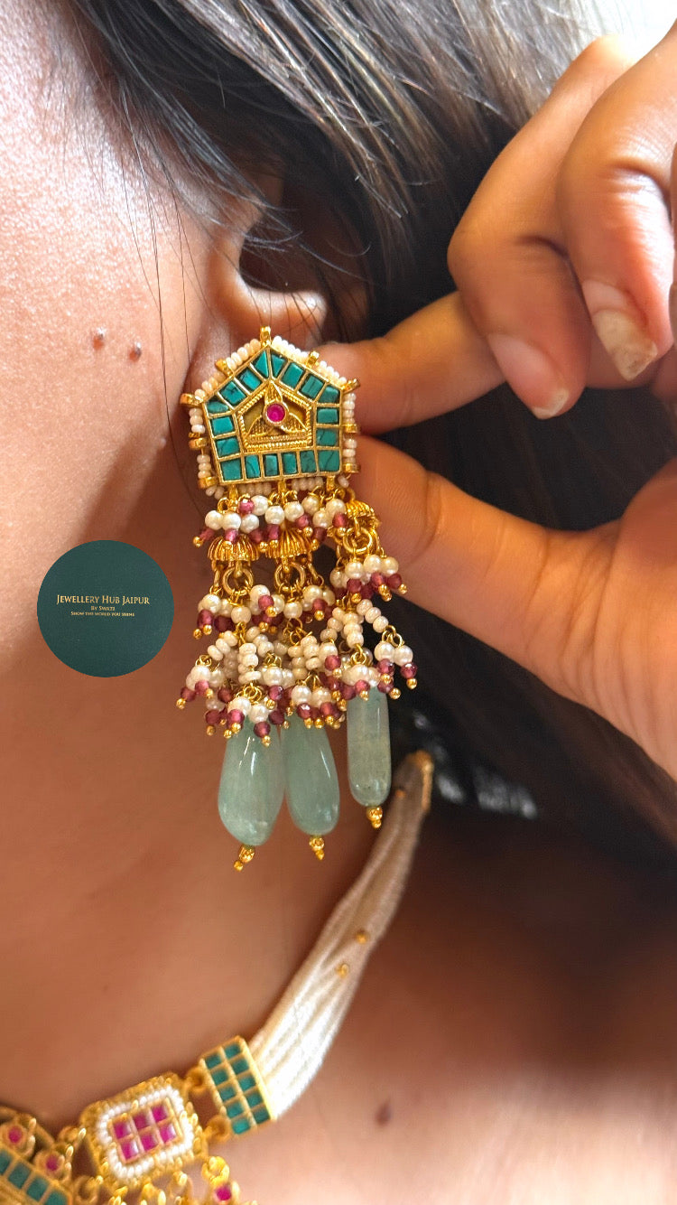Paachi Royal Rani pink flora, mint & emerald rajwada choker set
