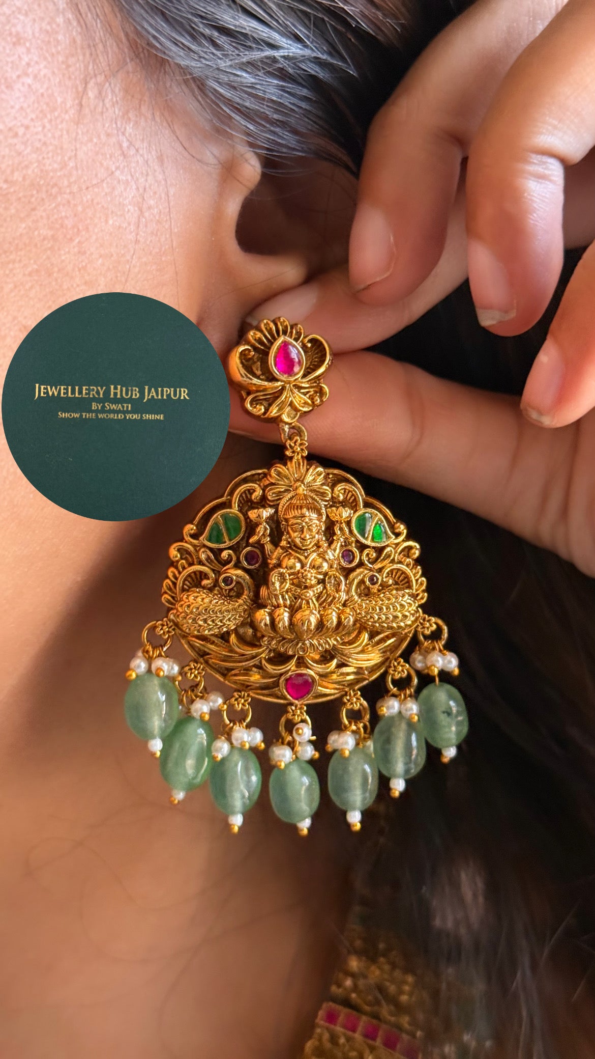 Goddess laxmi on lotus with mint drop temple collar set