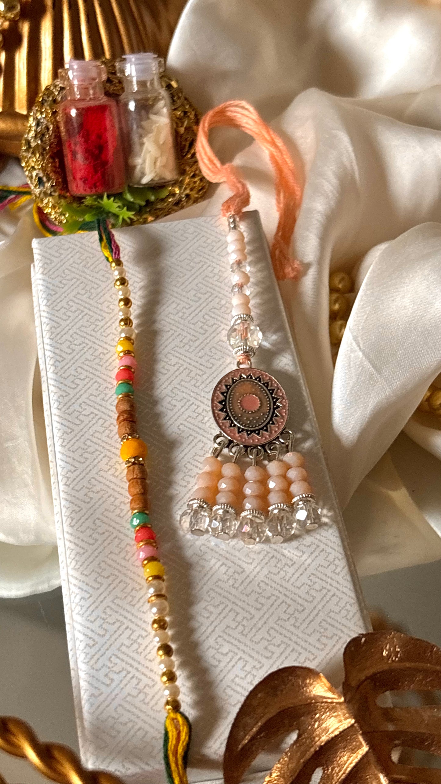 Bhaiya bhabhi lumba peach nakashi oxidised rakhi ( shipping will be extra )