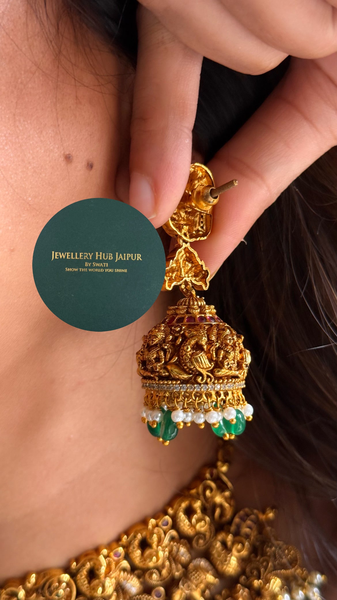 Goddess laxmi & peacock design with emerald & pearl drop temple choker set