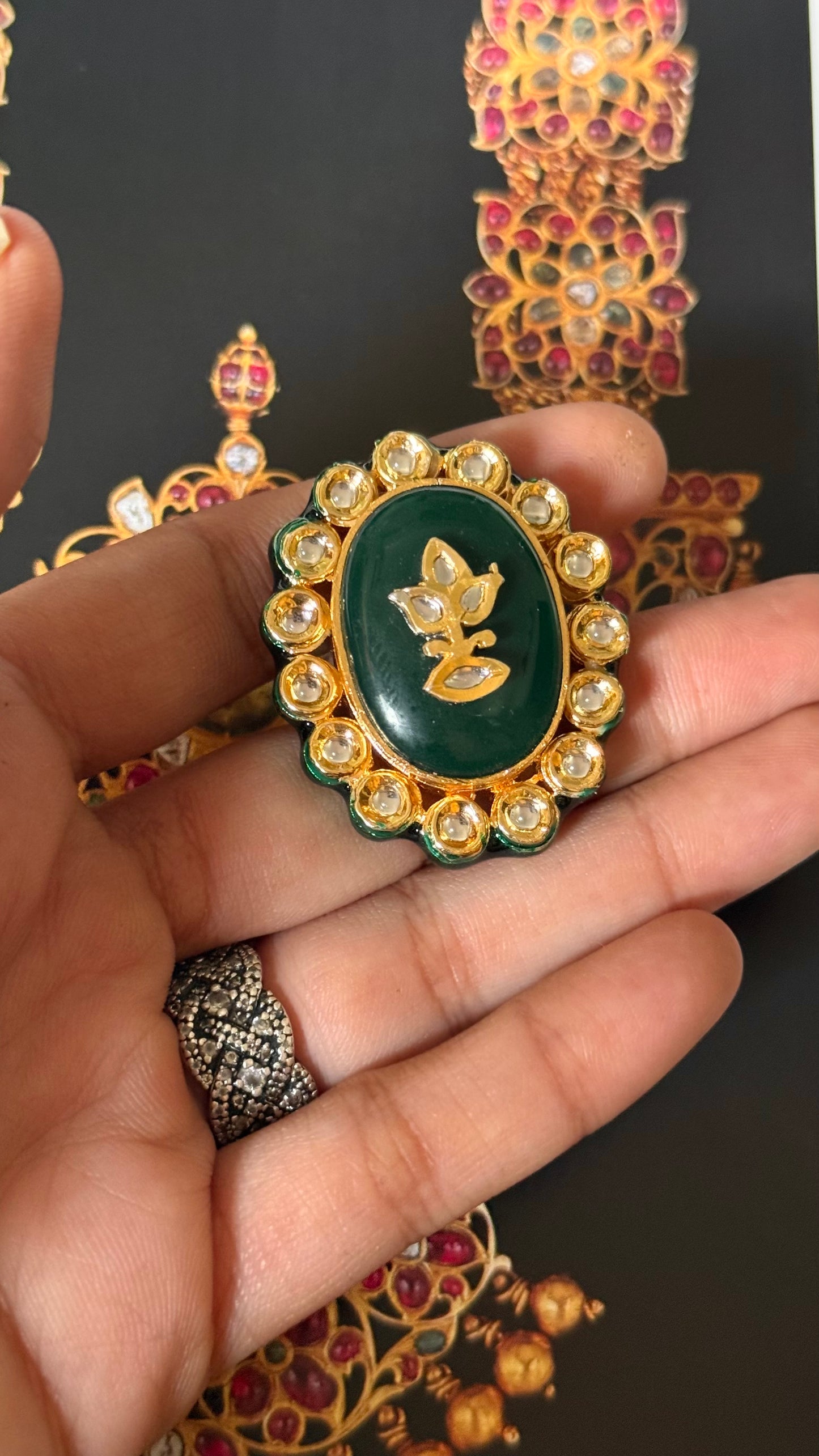 Emerald inlay & meenakari paachi adjustable ring