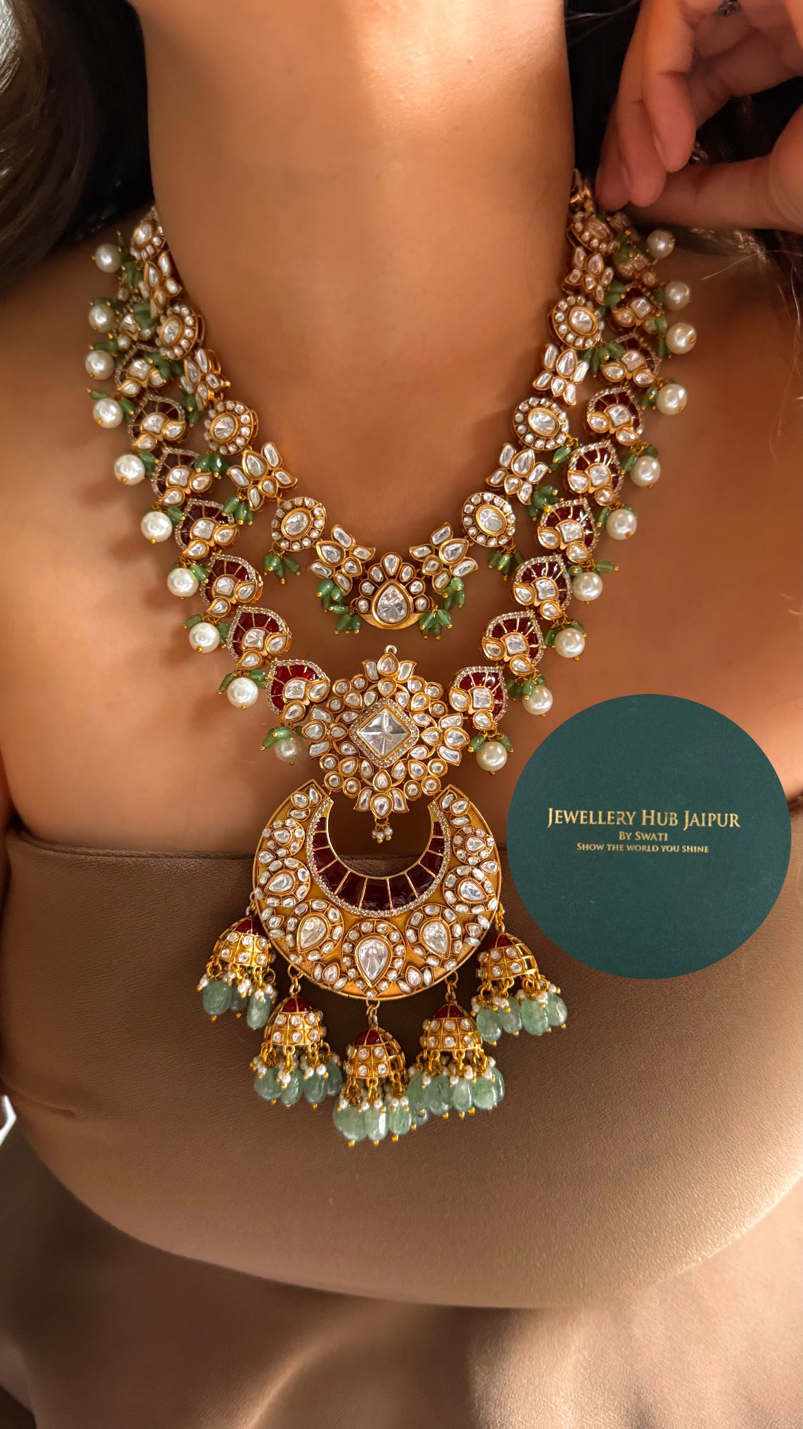 Ruby katdana & moissanite polki bridal dual layer with mint & pearl drop set