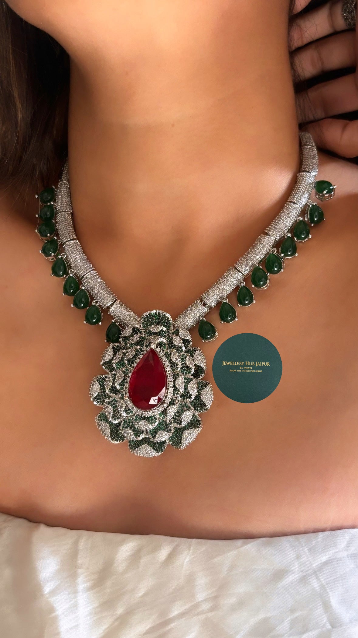 Cocktail Ruby & Cz Bridal Asia Necklace set with earrings
