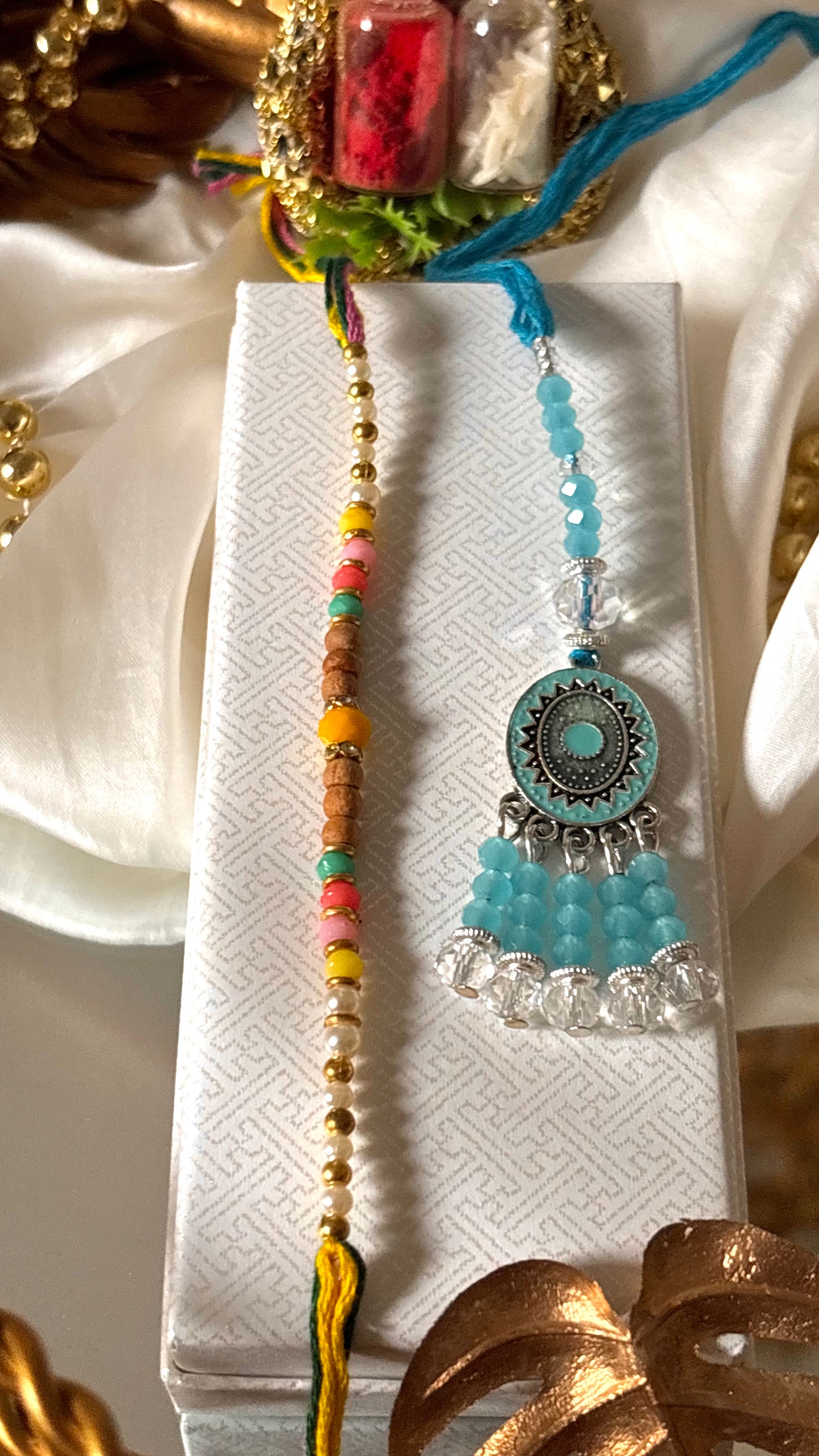 Bhaiya bhabhi lumba firoza nakashi oxidised rakhi ( shipping will be extra )