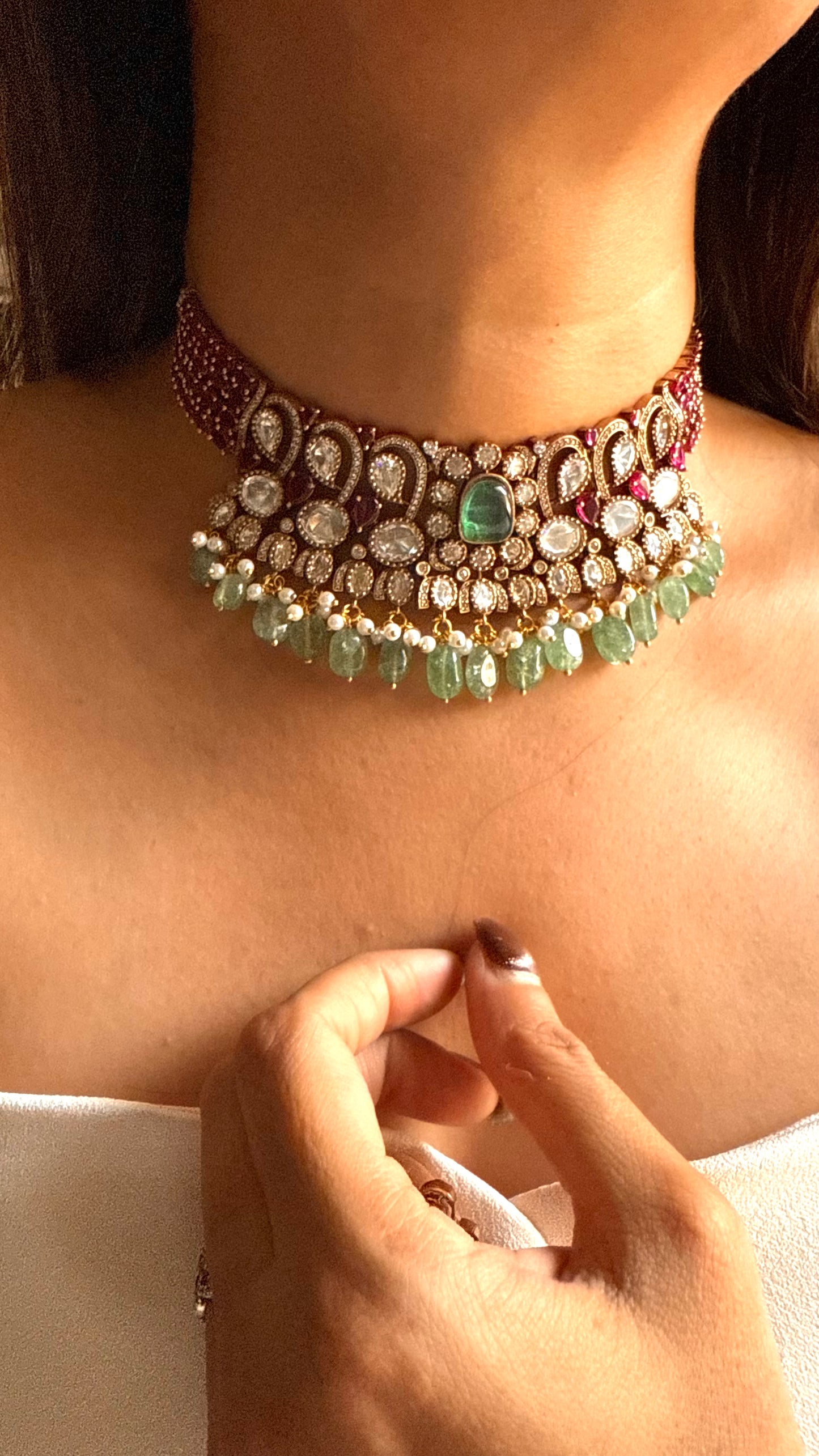 Mint doublet moissanite uncut polki & ruby with mint drops set