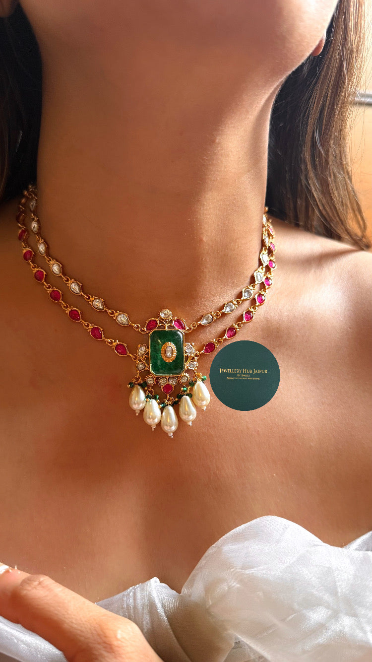 Amrapali inspired Emerald inlay carving with rani pink polki dual layer set