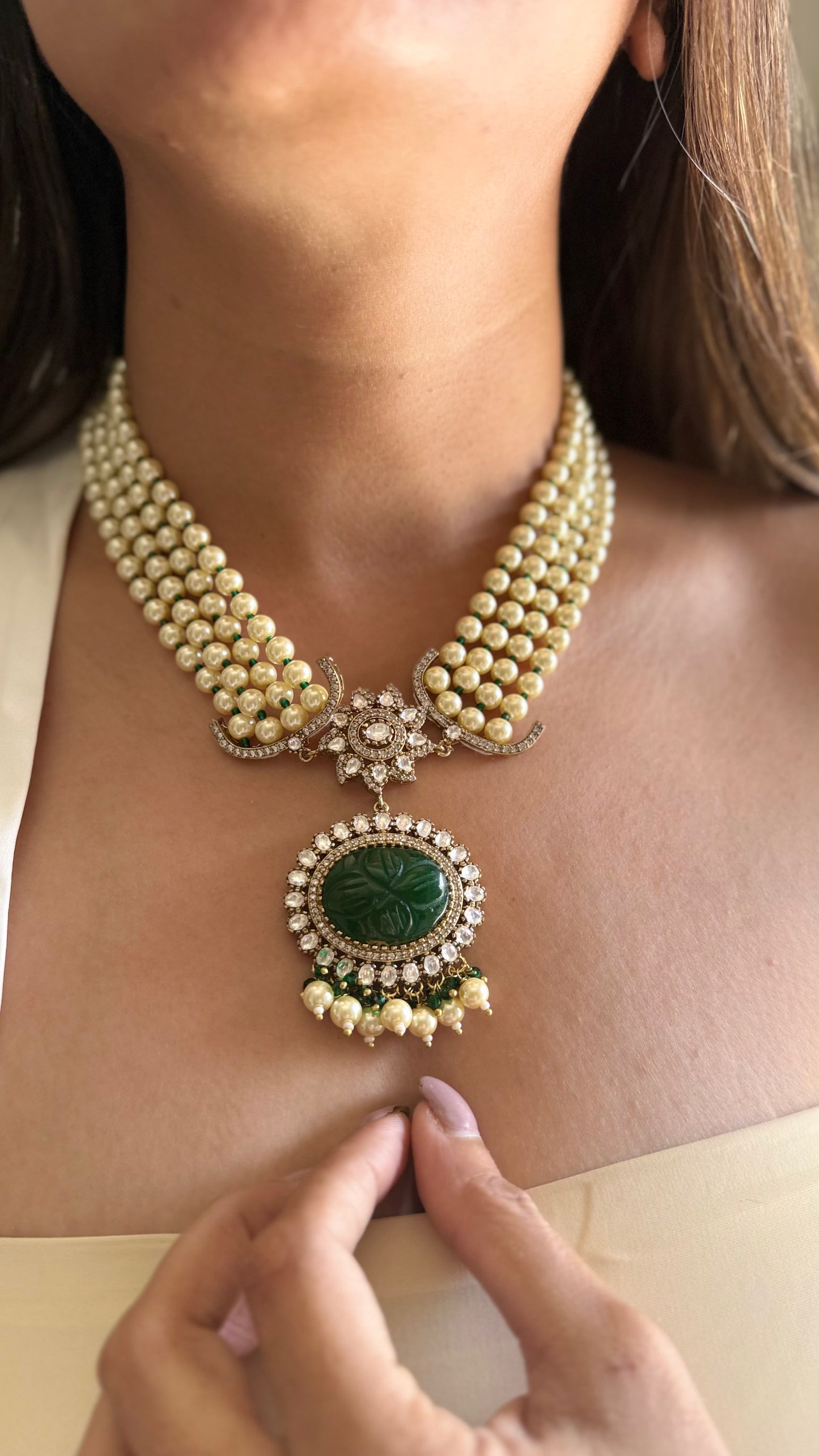 Panna- Emerald doublet pearl moissanite mid length necklace