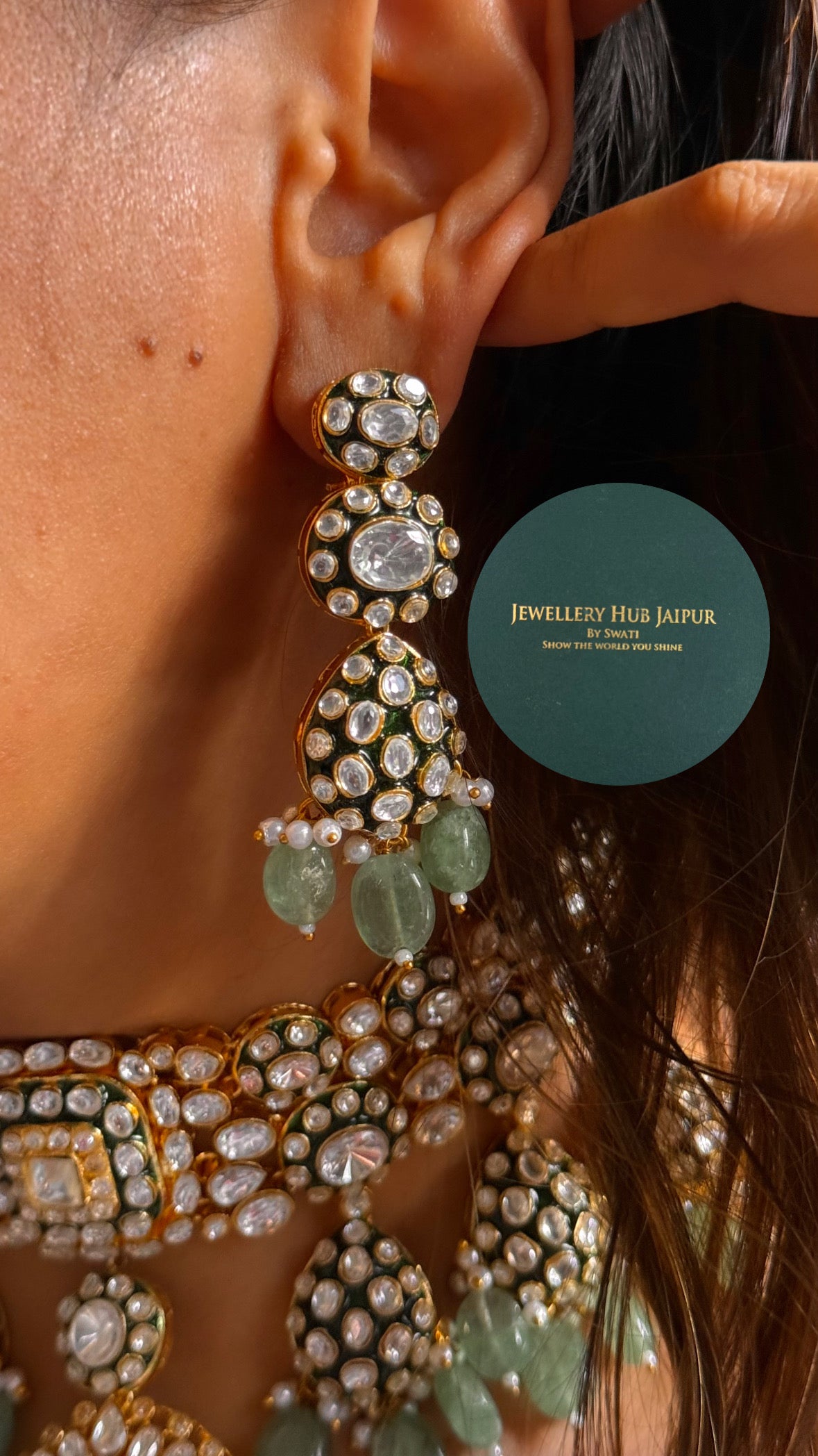 Meenakari emerald and mint polki choker necklace set