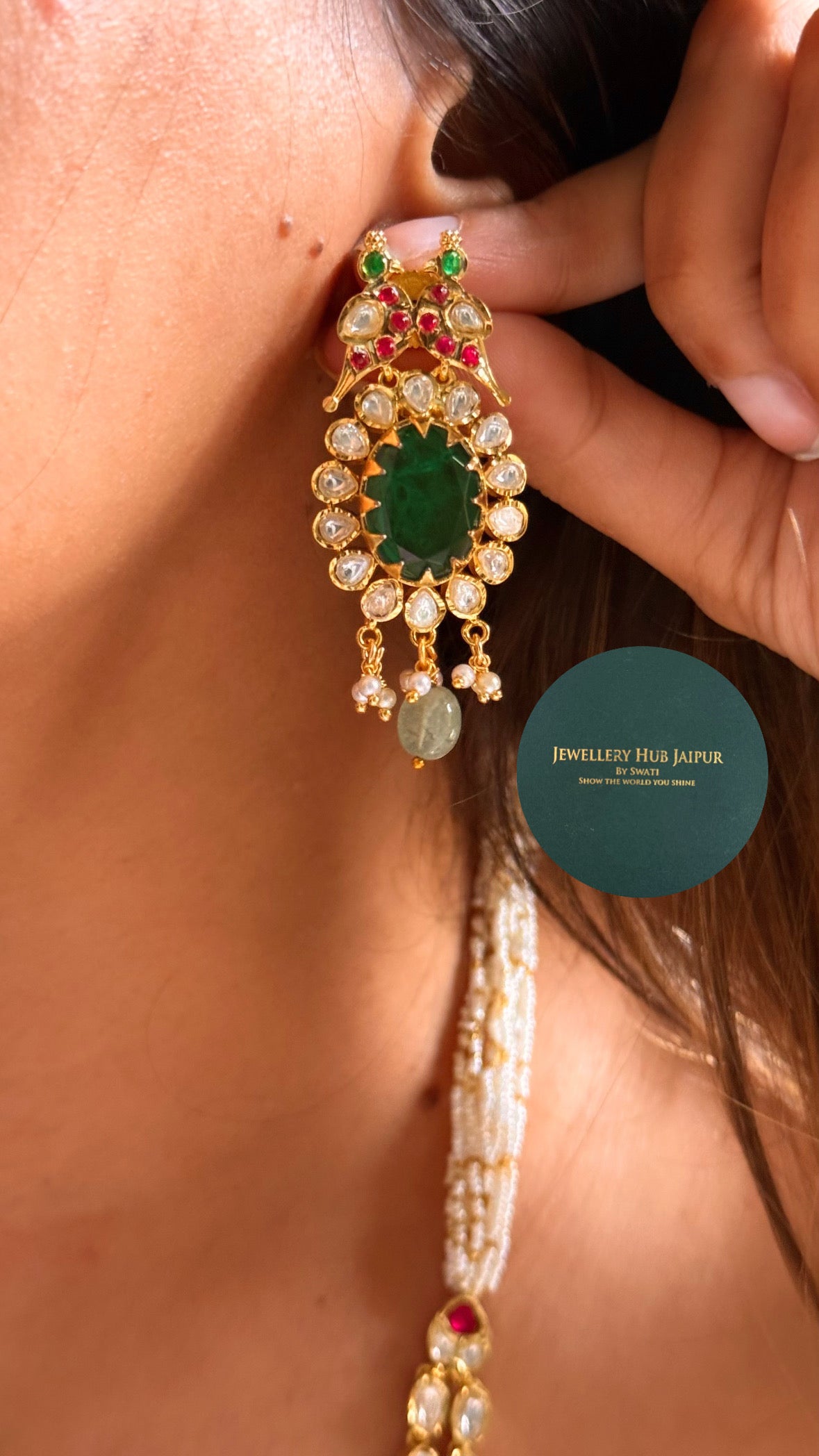 Real Moissanite Emerald doublet & rani pink real moissanite mid length set