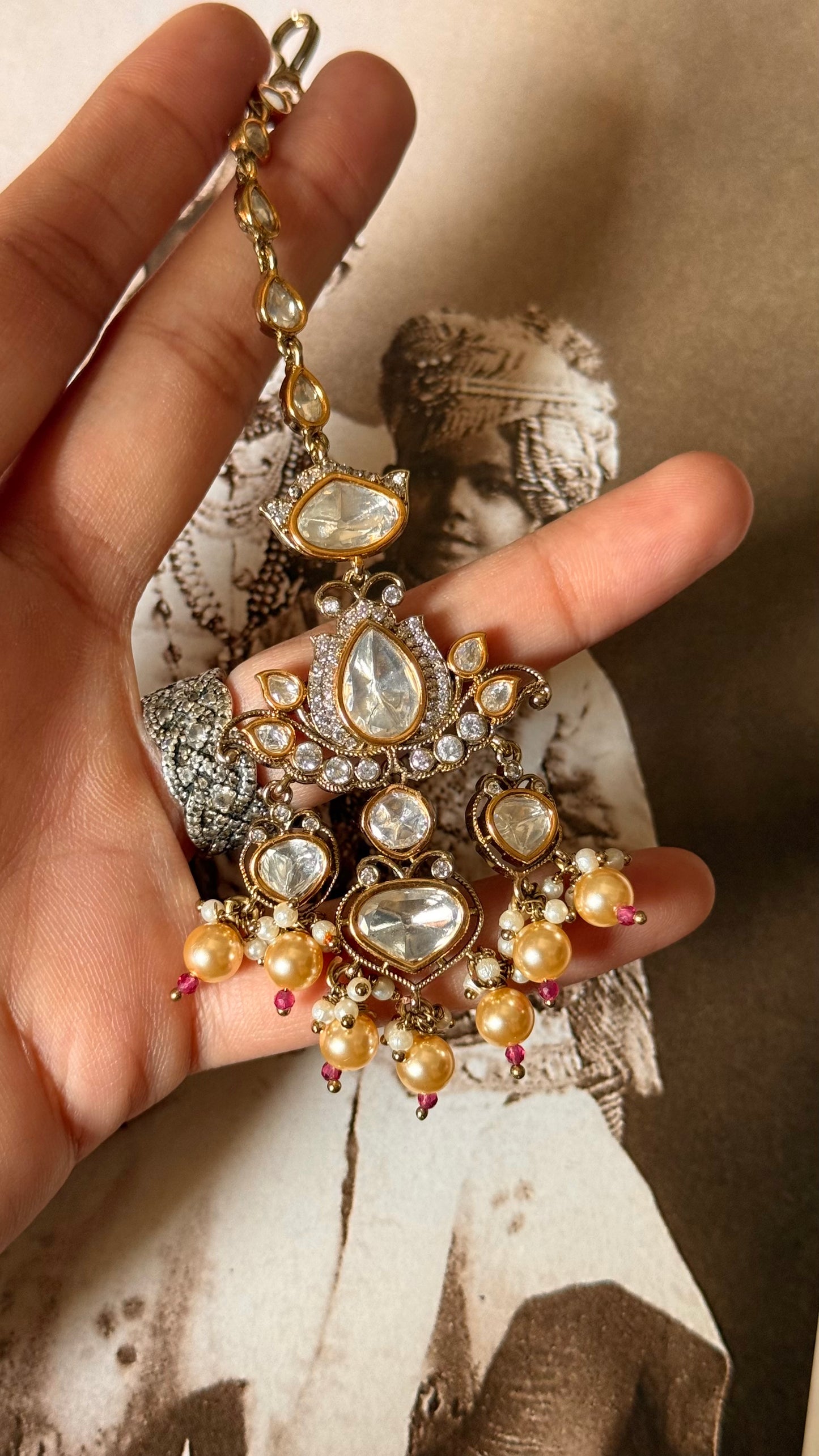 Moissanige uncut polki with pearl drop maangtika