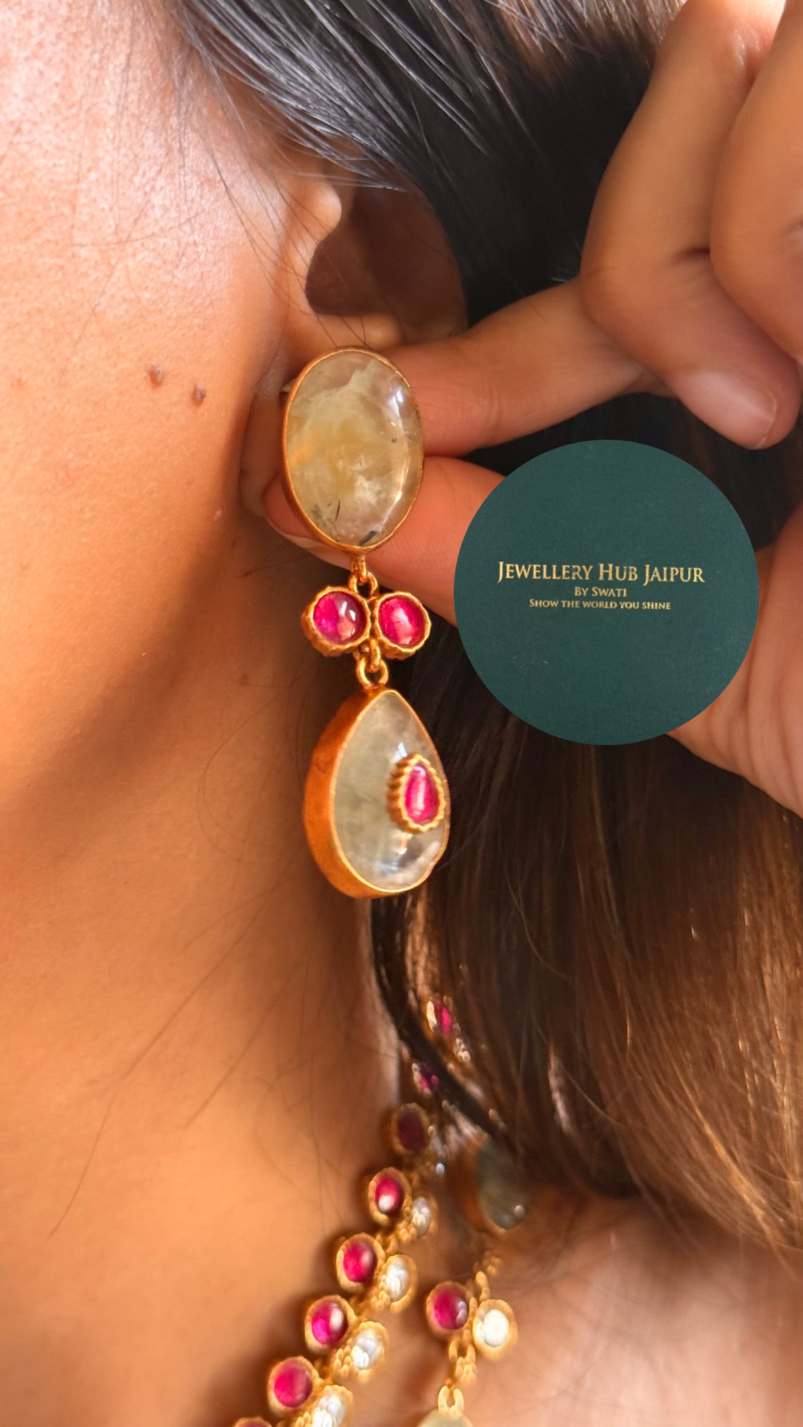 Amrapali inspired Natural stone Mint real & rani pink moissanite dual layer collar set