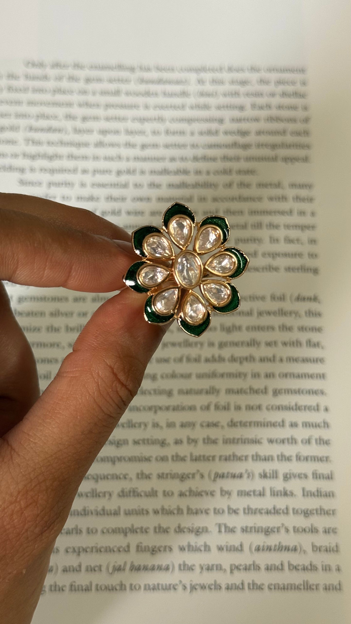Emerald meenakari moissanite floral adjustable ring