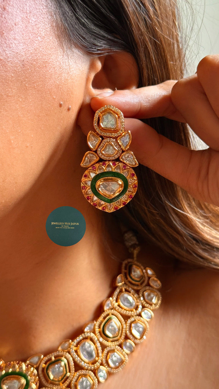 Emerald meenakari & rani pink polki collar set