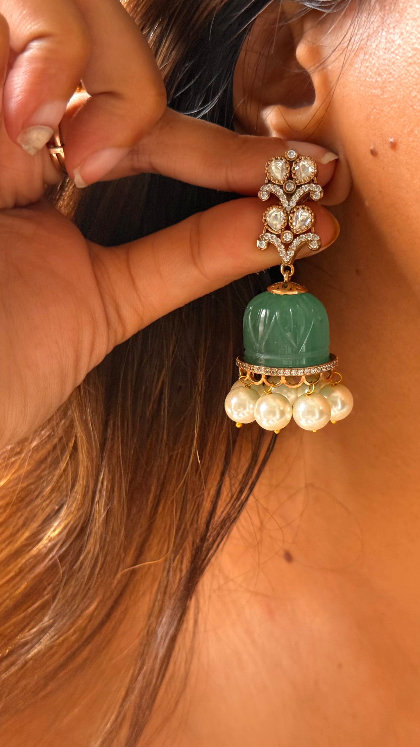 Panna mint carving moissanite jhumki