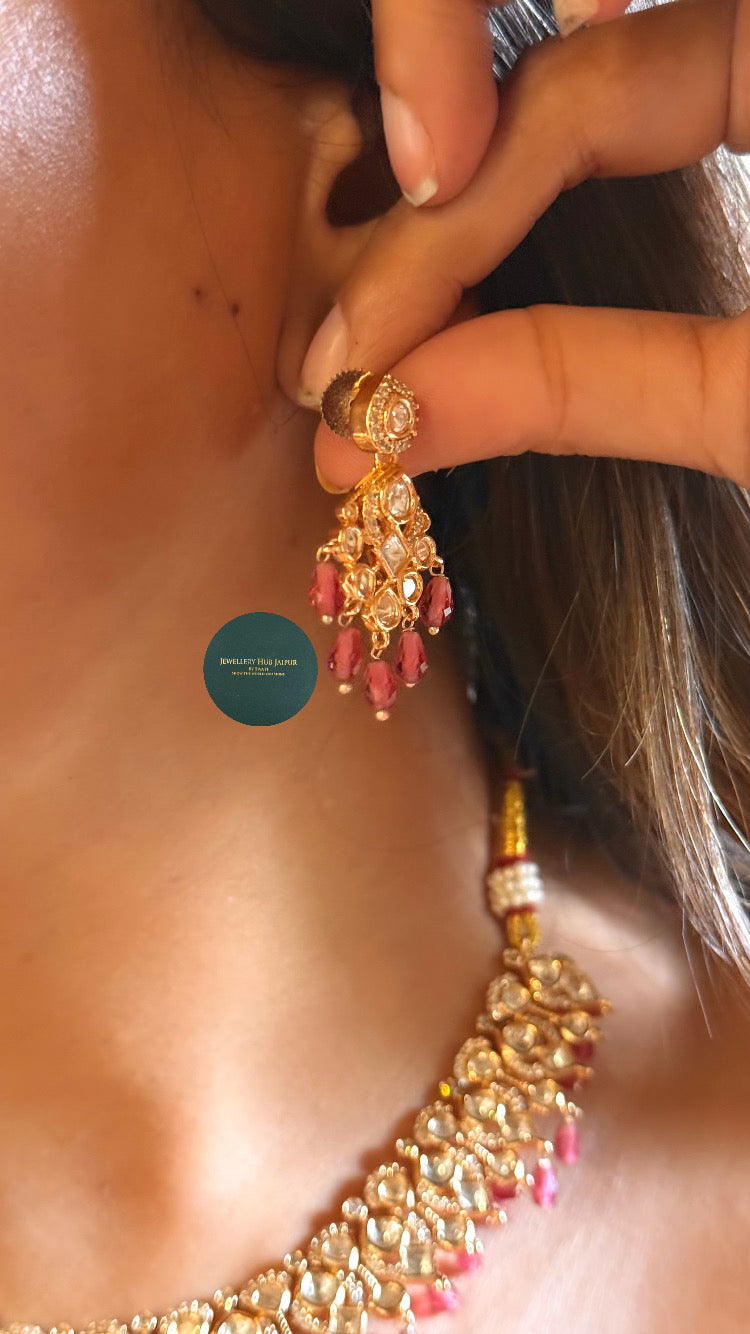 Moissanite polki with rani pink drops collar set